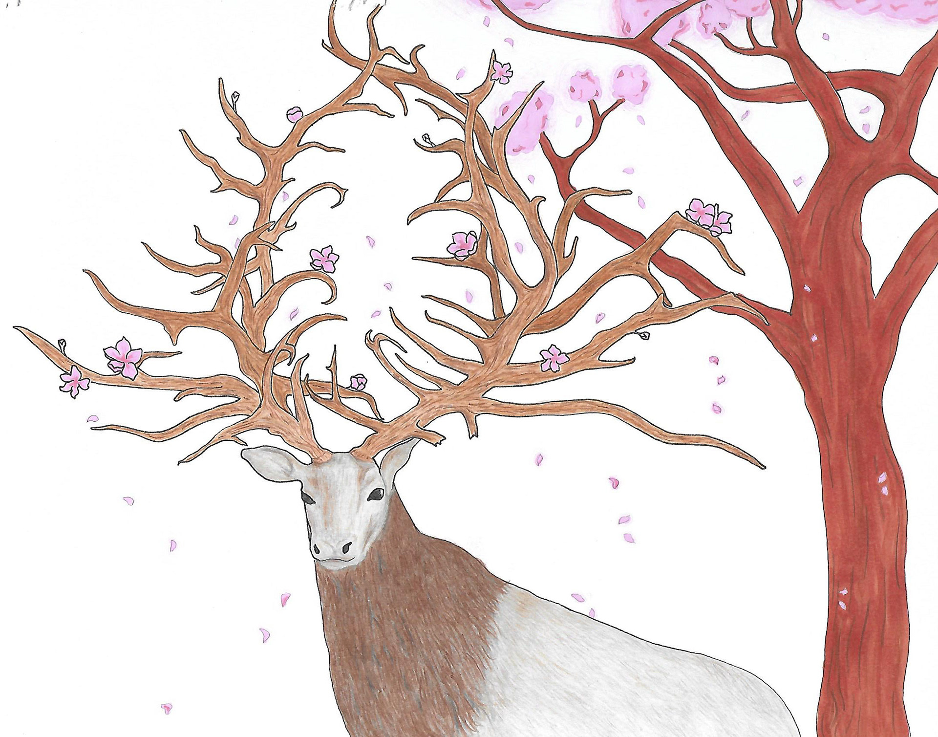 Spring stag inspired by the show Shadow and Bone. Done with fine liner pens, colored pencils, and alcohol markers.