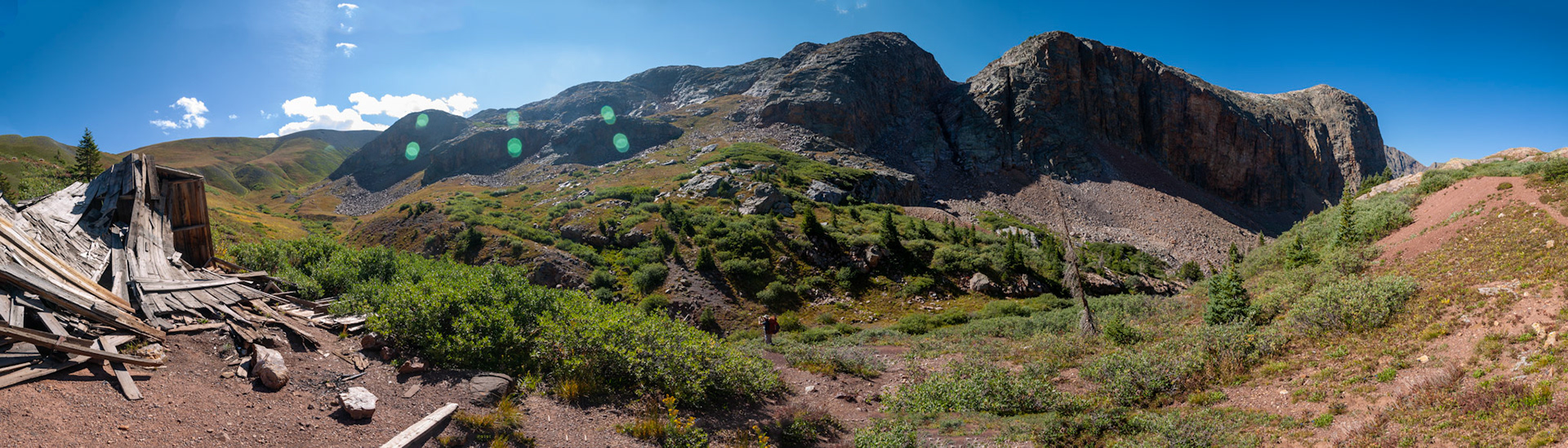 An old miners cabin. We came in from the right, and that treeless ridge to the left is our destination for the morning.