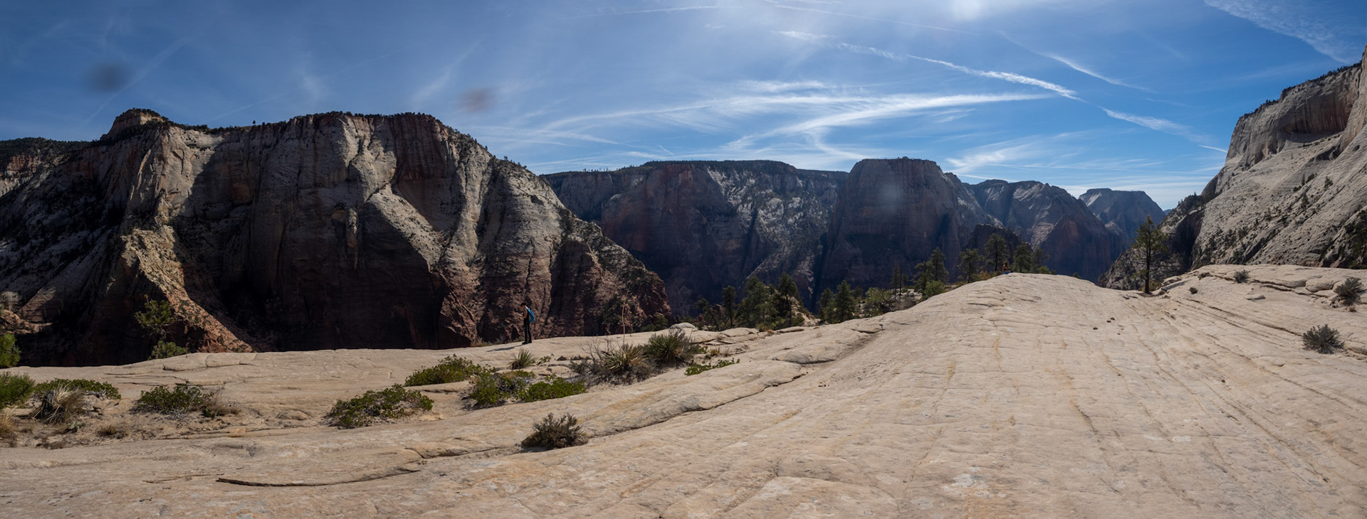Out onto the edge of the upper terrace, Zion proper lies below