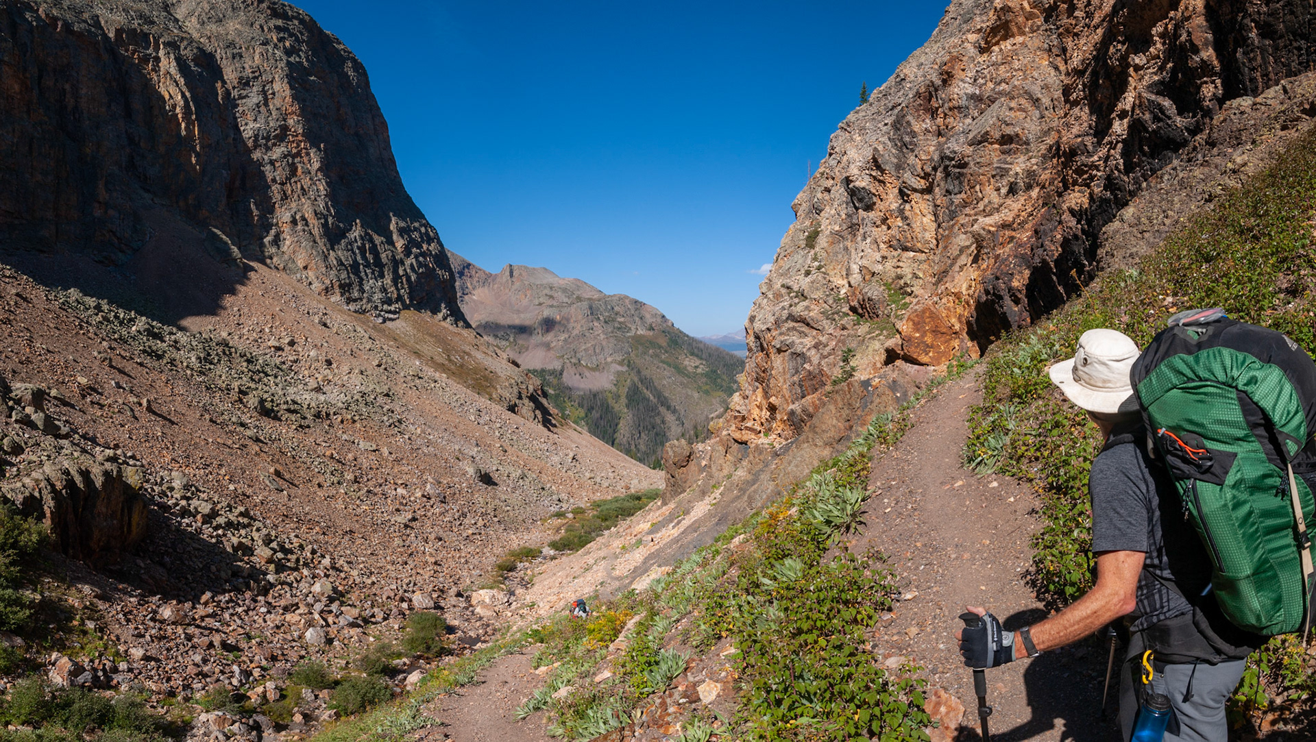 An early set of switchbacks looking back whence we had come.
