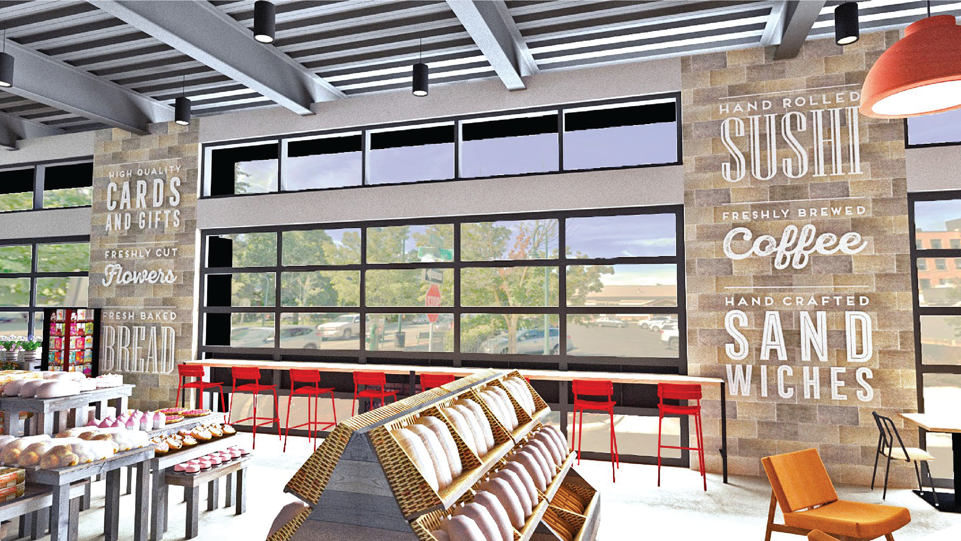 The Café seating bleeds into the Bakery a bit, which gives the opportunity for a symmetrical graphic that emphasizes the Café's offerings on the right and the bakery, flower shop, and gift shop on the left.