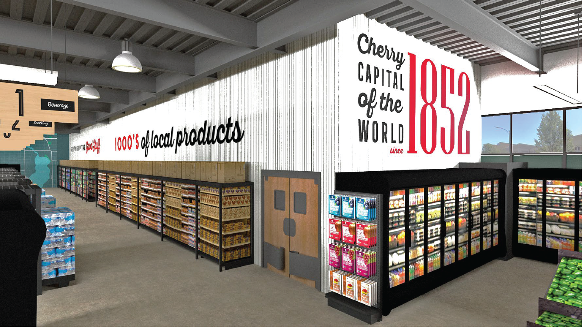 We brought this color palette into the produce area as well and incorporated some more Traverse City specific signage.