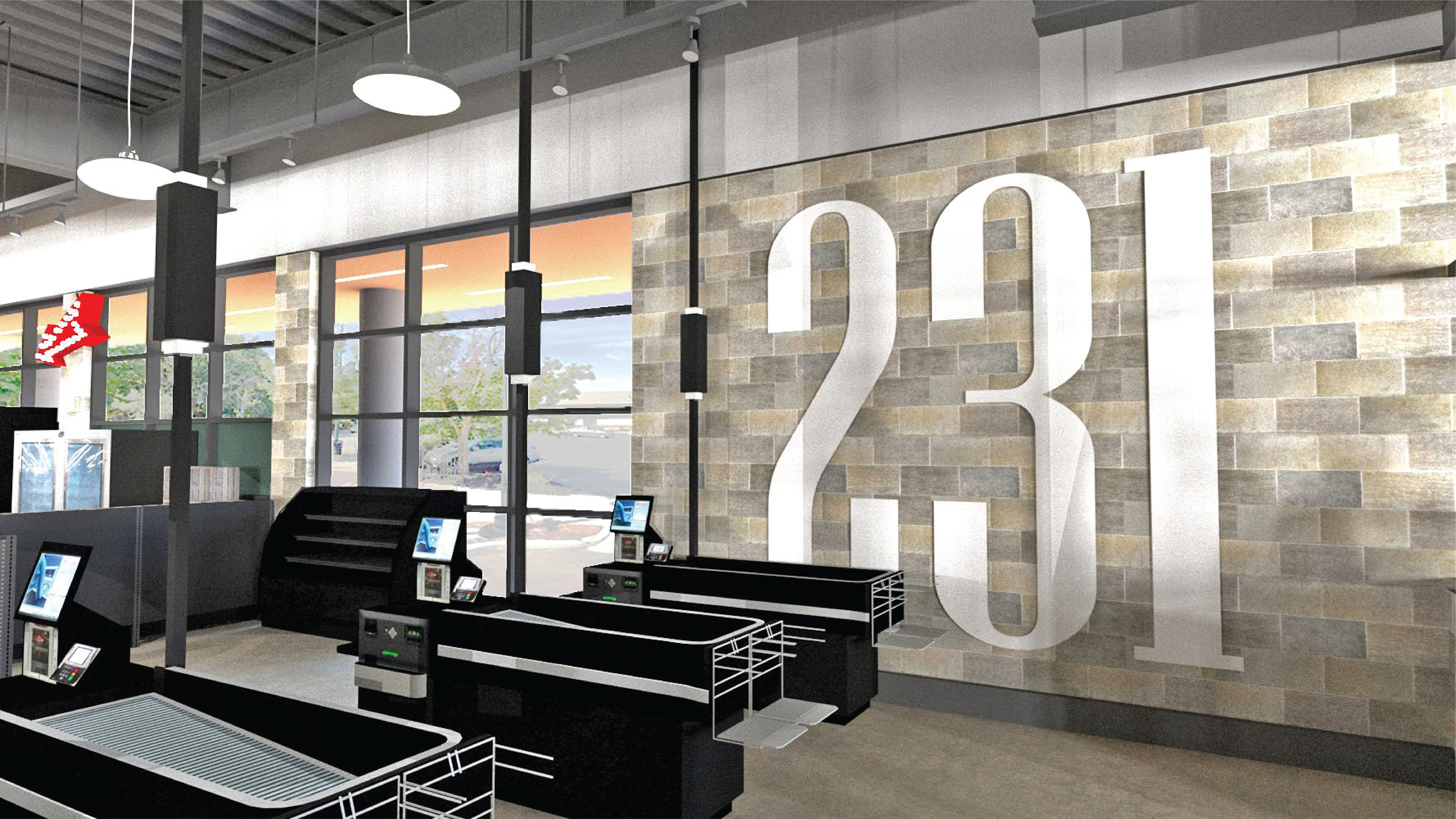 A big, stainless steel "231" lies at the end of the checklanes to remind shoppers that TC is one of the largest and greatest cities in the 231 area code.