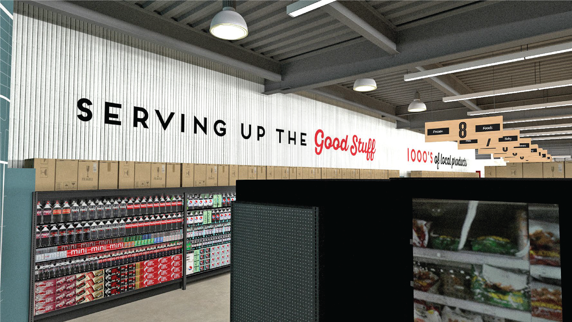 Turning the corner into the beverage aisle, we decided to bring in more of a red and white color palette.