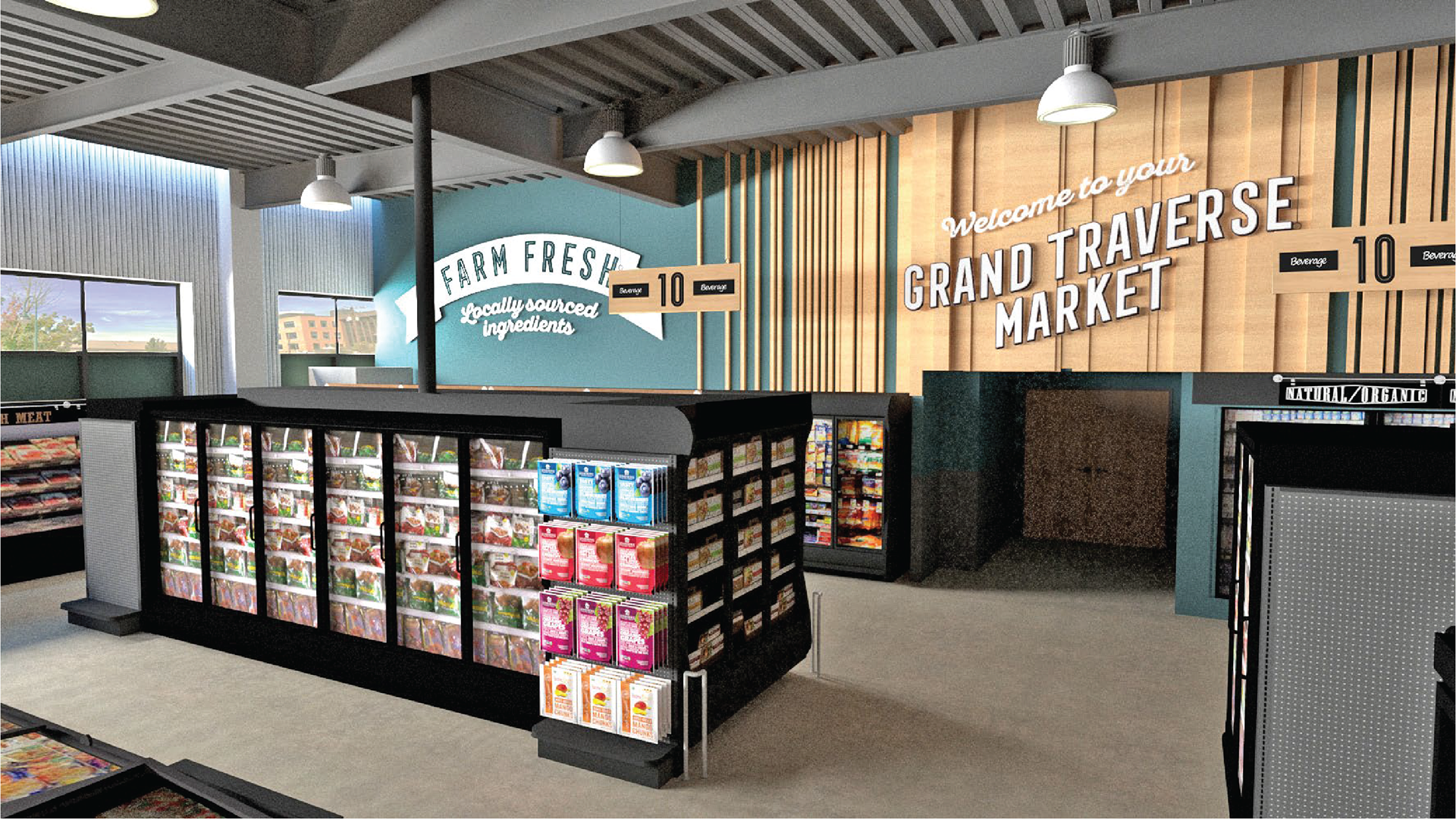 Moving down the aisles to the Dairy Wall, we kept the light wood tones but brought in a more touristy font for the welcome message paired with the farm fresh banner on the left.