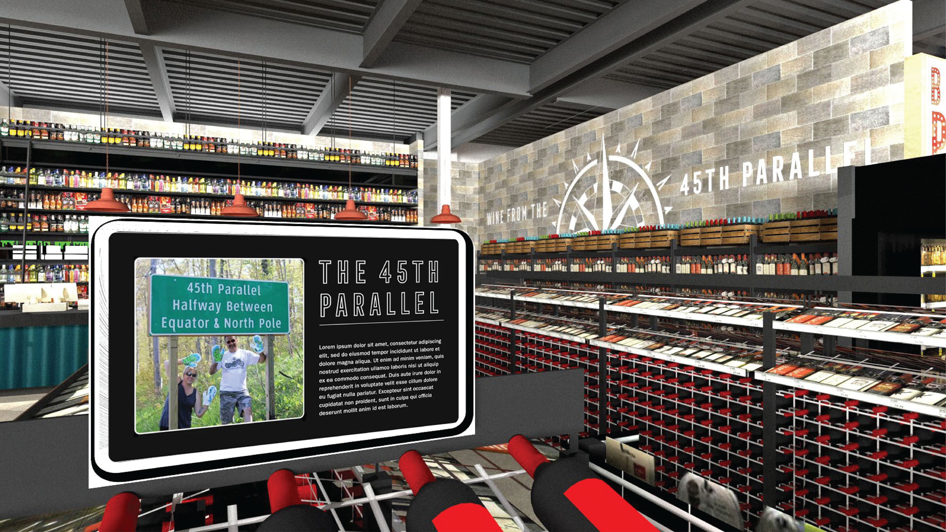 In the Wine area, I wanted to touch on the 45th Parallel in which Traverse City sits. Other cities on this parallel include Piedmont in Italy and Bordeaux in France, so Traverse City is known for their wine. Signage throughout the aisles will elaborate on this for shoppers who aren't familiar with the fact!