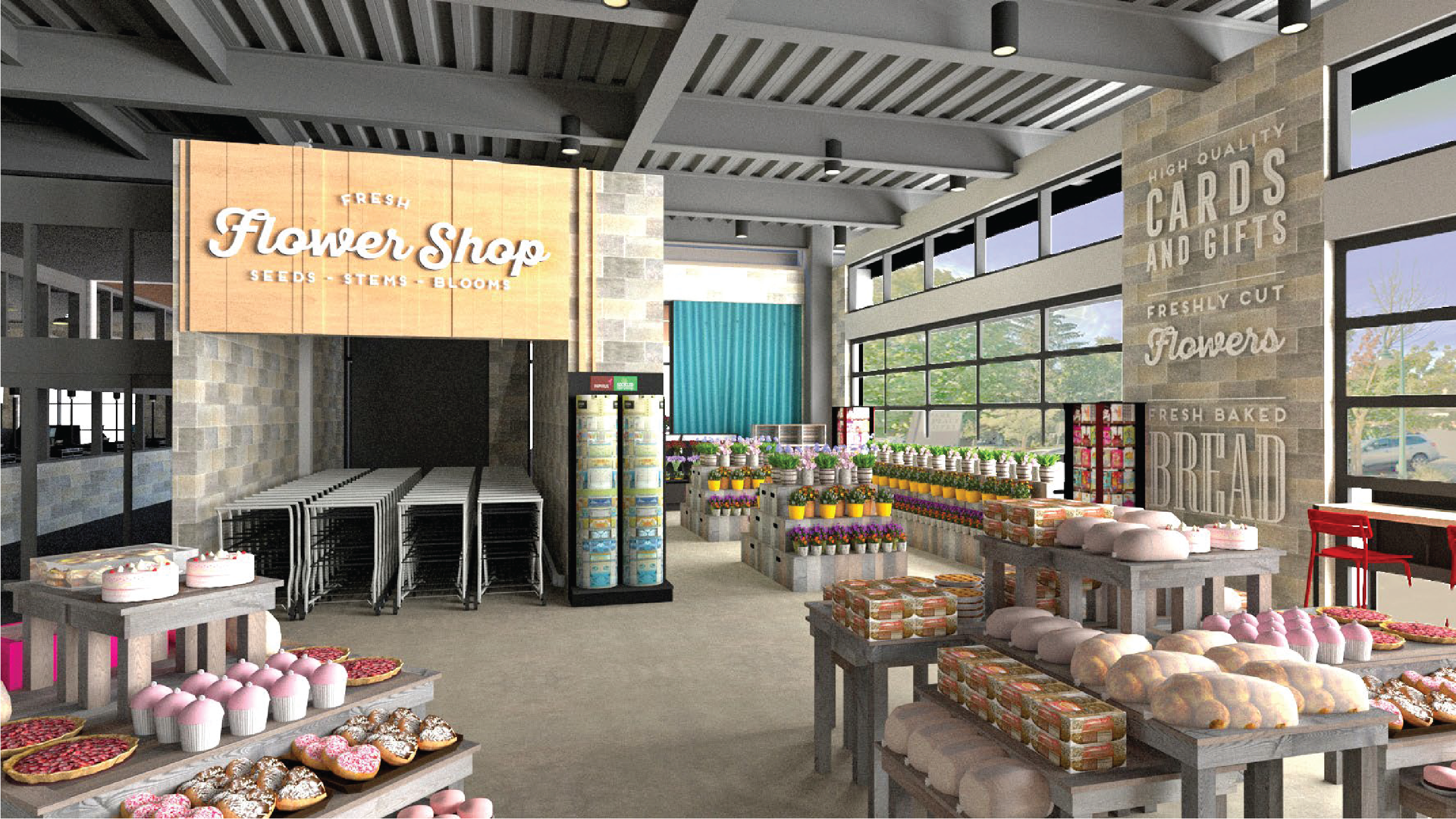 The Flower Shop brings in light wood tones and a pop of blue corrugated metal.