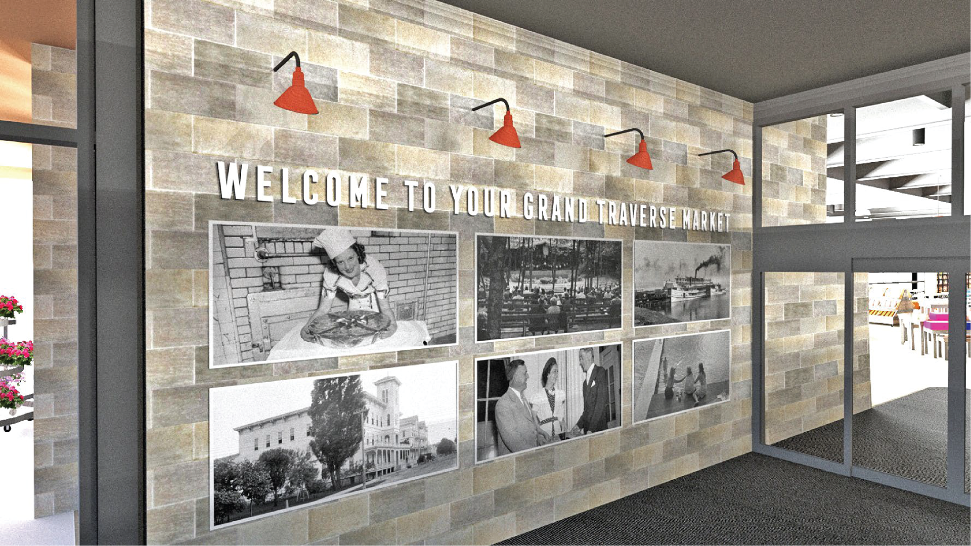 The entrance welcomes the shopper and brings in historical photography from the area such as the Park Place Hotel, the ships in the Bay, and the Traverse City woman who baked a thirty pound cherry pie for the President!