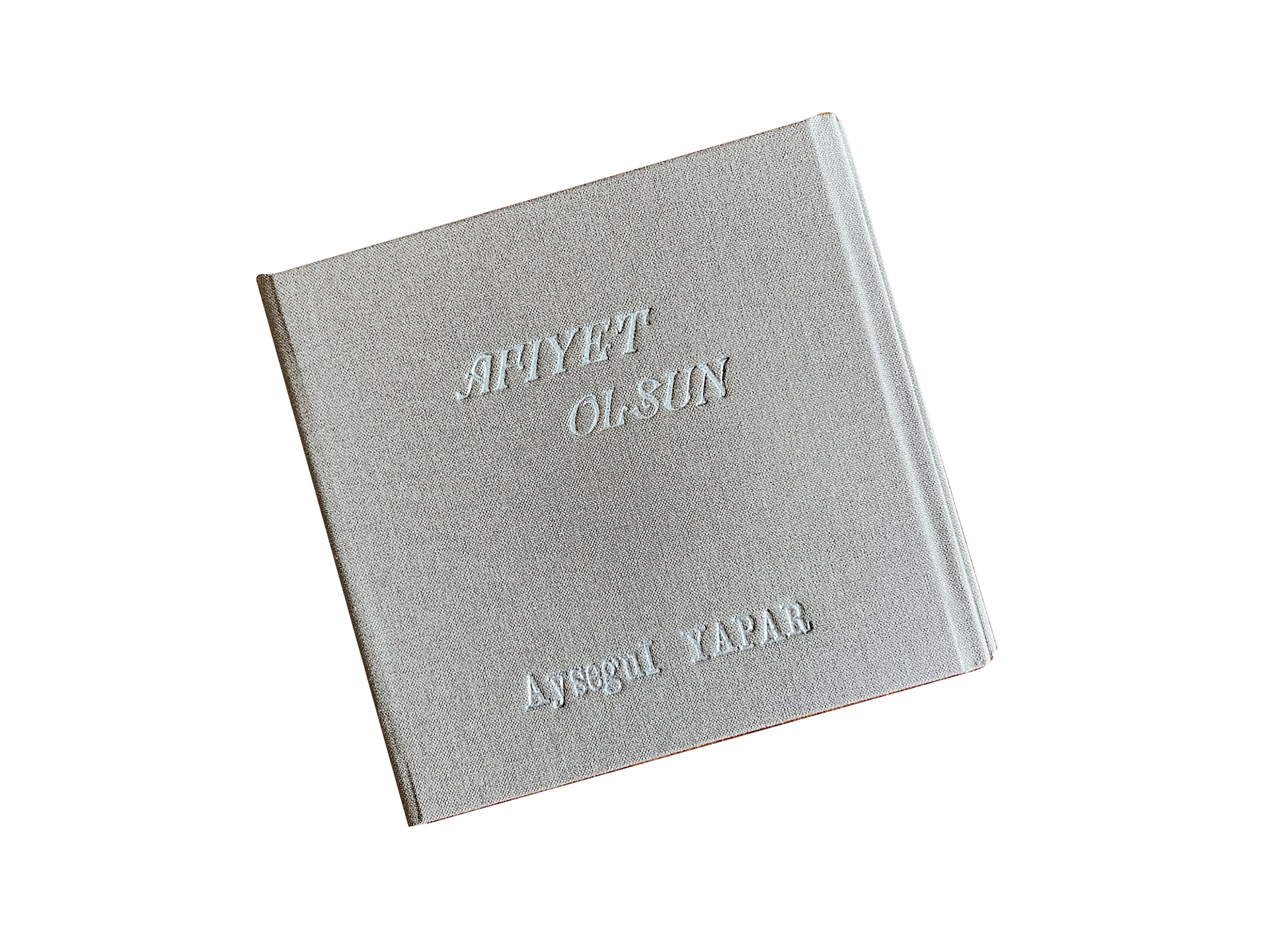 "Afiyet Olsun", fabric-covered artbook, triple-bound, with silver foil–stamped text. 15 × 15 cm (closed), 60 cm in total, 2023