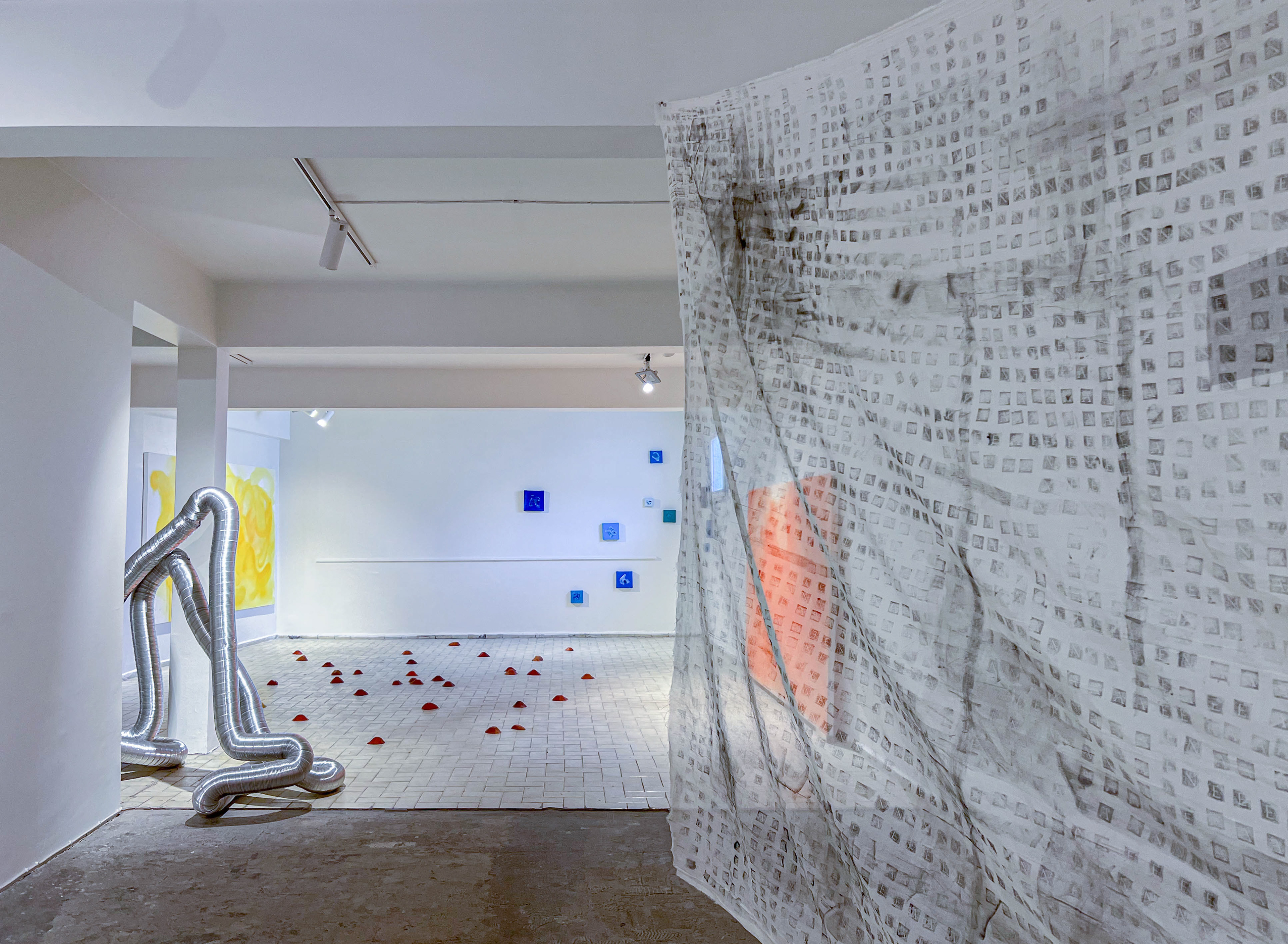 A'E'N', 2022, installation, ink stamp on fabric, 300 cm / installation view from Occupation, Barın Han, 2022