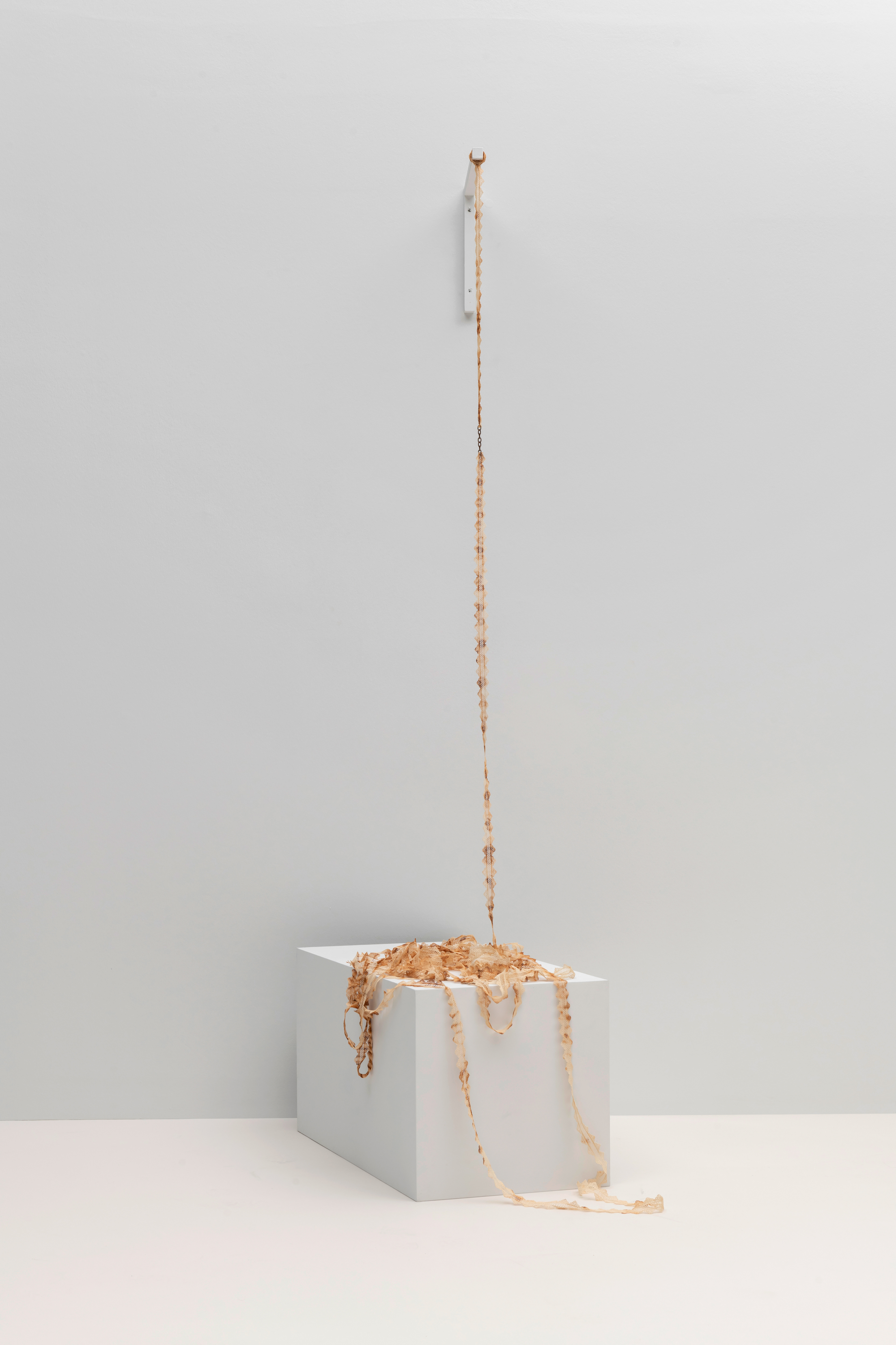 Azade, 2022, installation, rust print on lace, wire, plaster mold, 19 meters, installation view from 8th Color: Woman and Trace, AKM, 2023