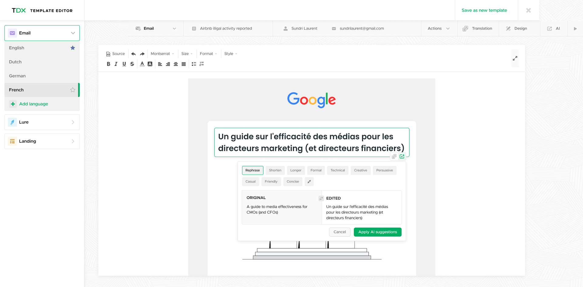 Template editor translator