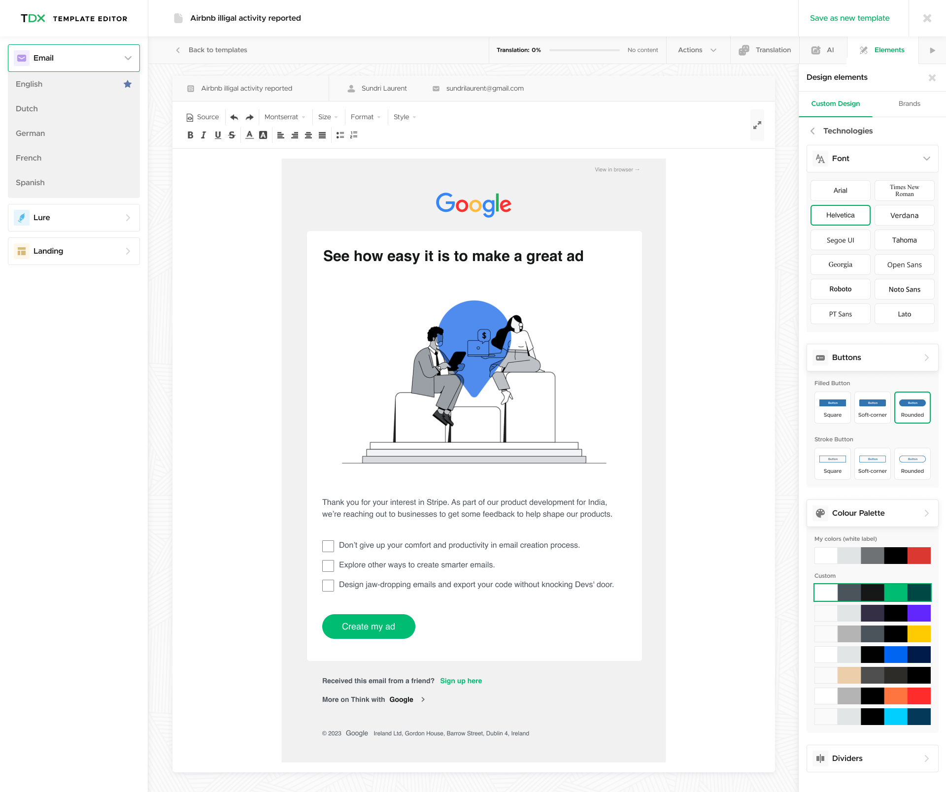 Template editor design elements menu