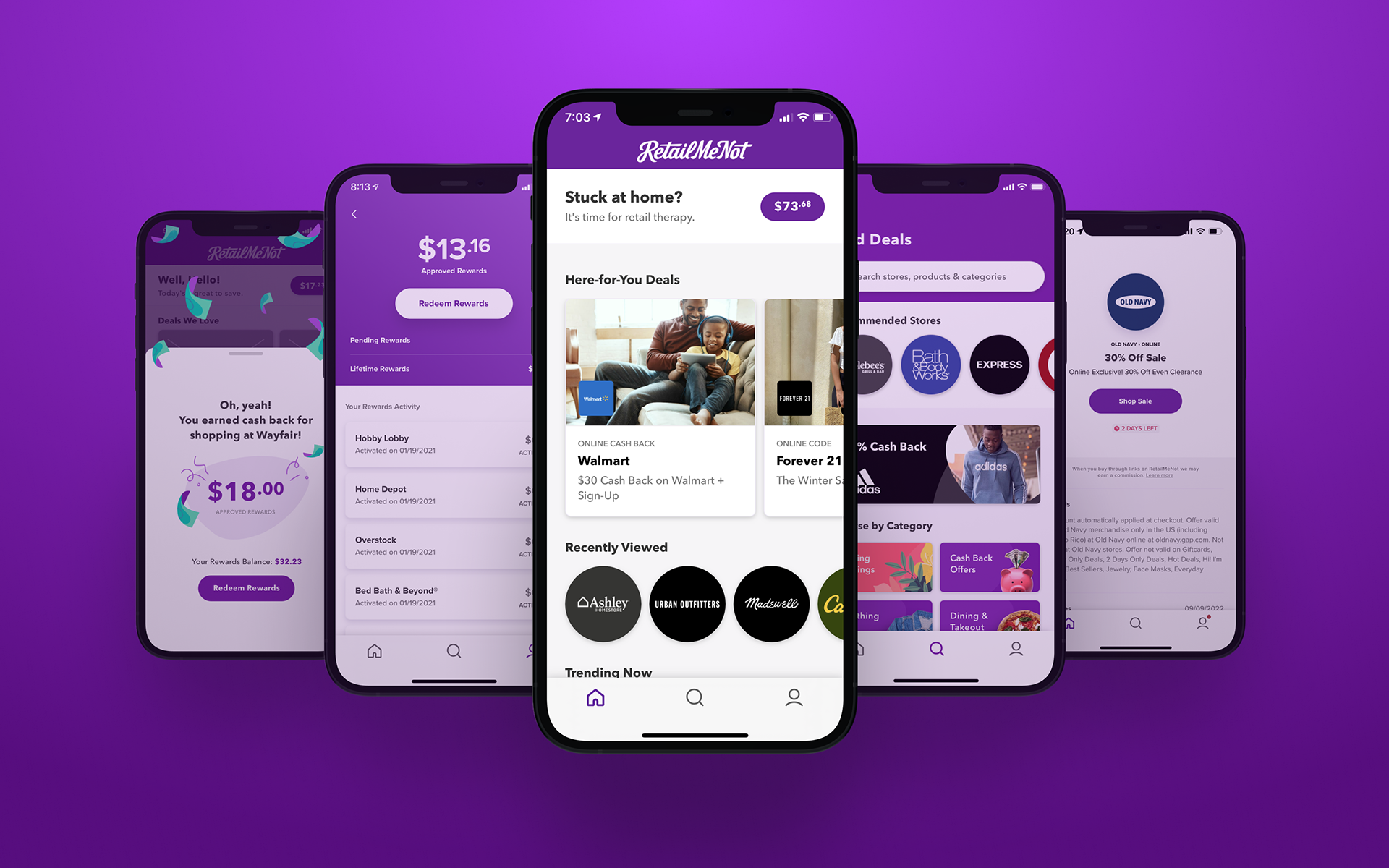 image of a mockedup group of iphones featuring various screens from the RetailMeNot ios app