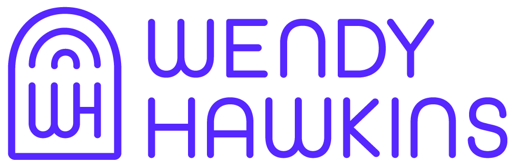 Logo for Wendy Hawkins / Violet monogram brand mark and text