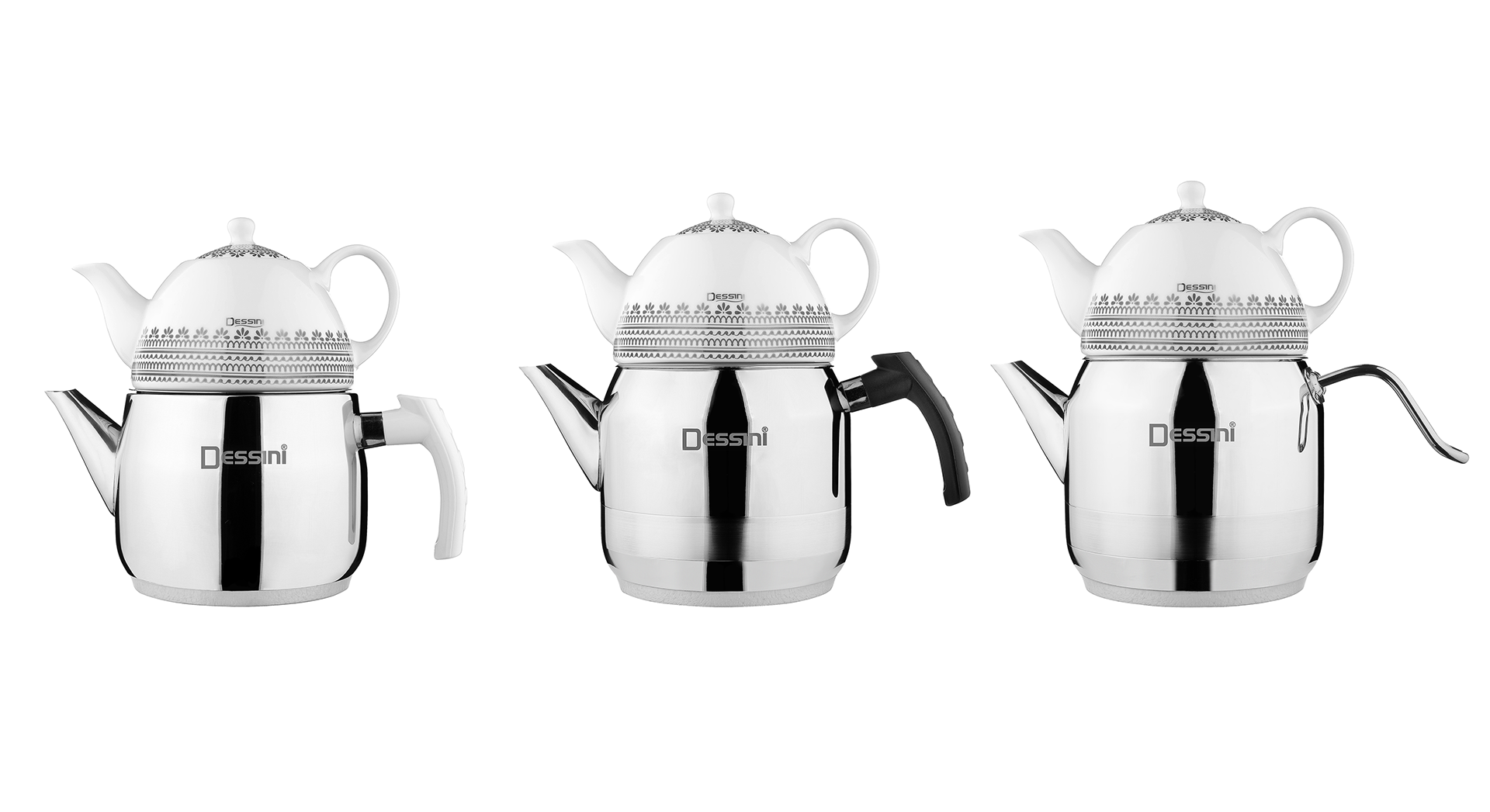 Modern kitchen cookware set with matching lids and pans arranged symmetrically