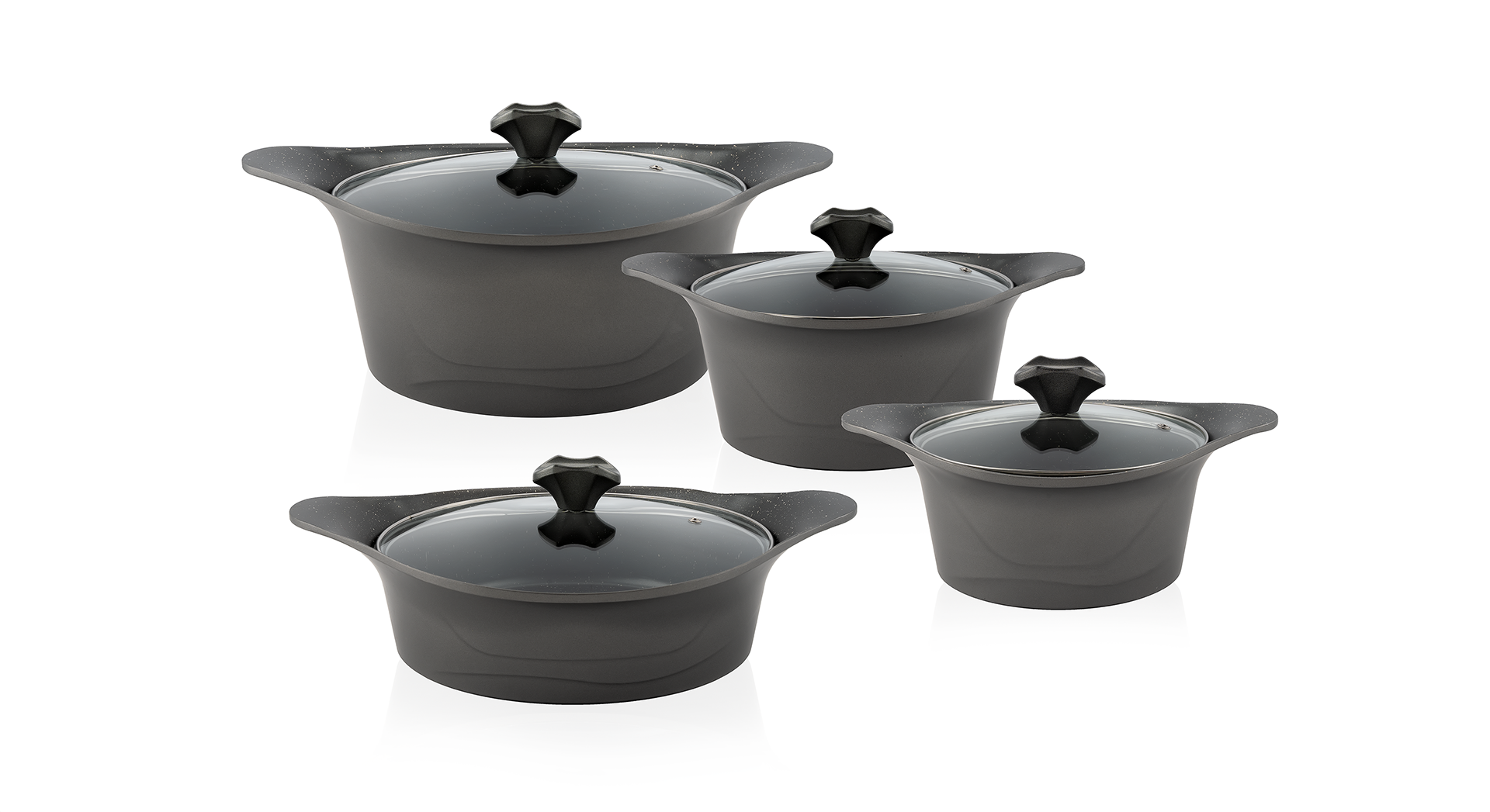 Complete kitchen cookware set including pots, pans, and lids arranged in a neat layout