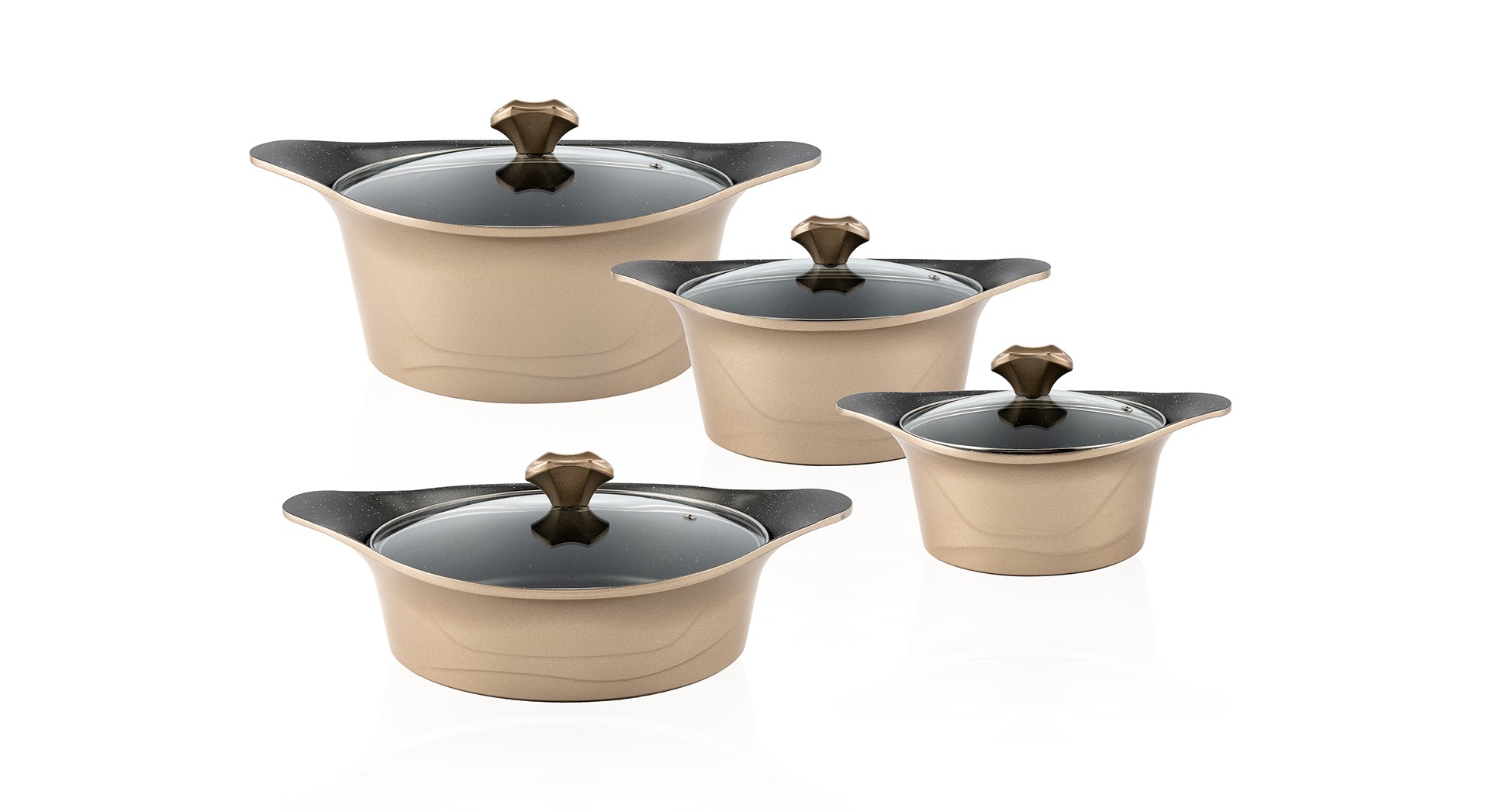 Pressure cooker with safety valve and black side handles placed on reflective surface