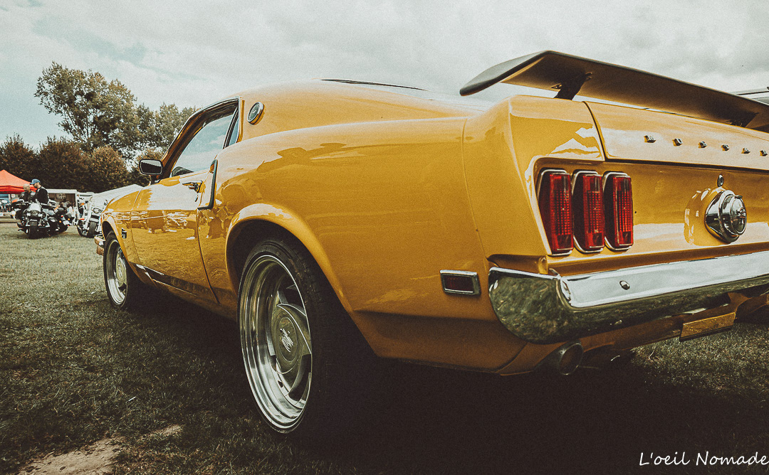 Héritage automobile US : focus sur les lignes iconiques d'une Mustang, photographie de voiture de collection au rassemblement.