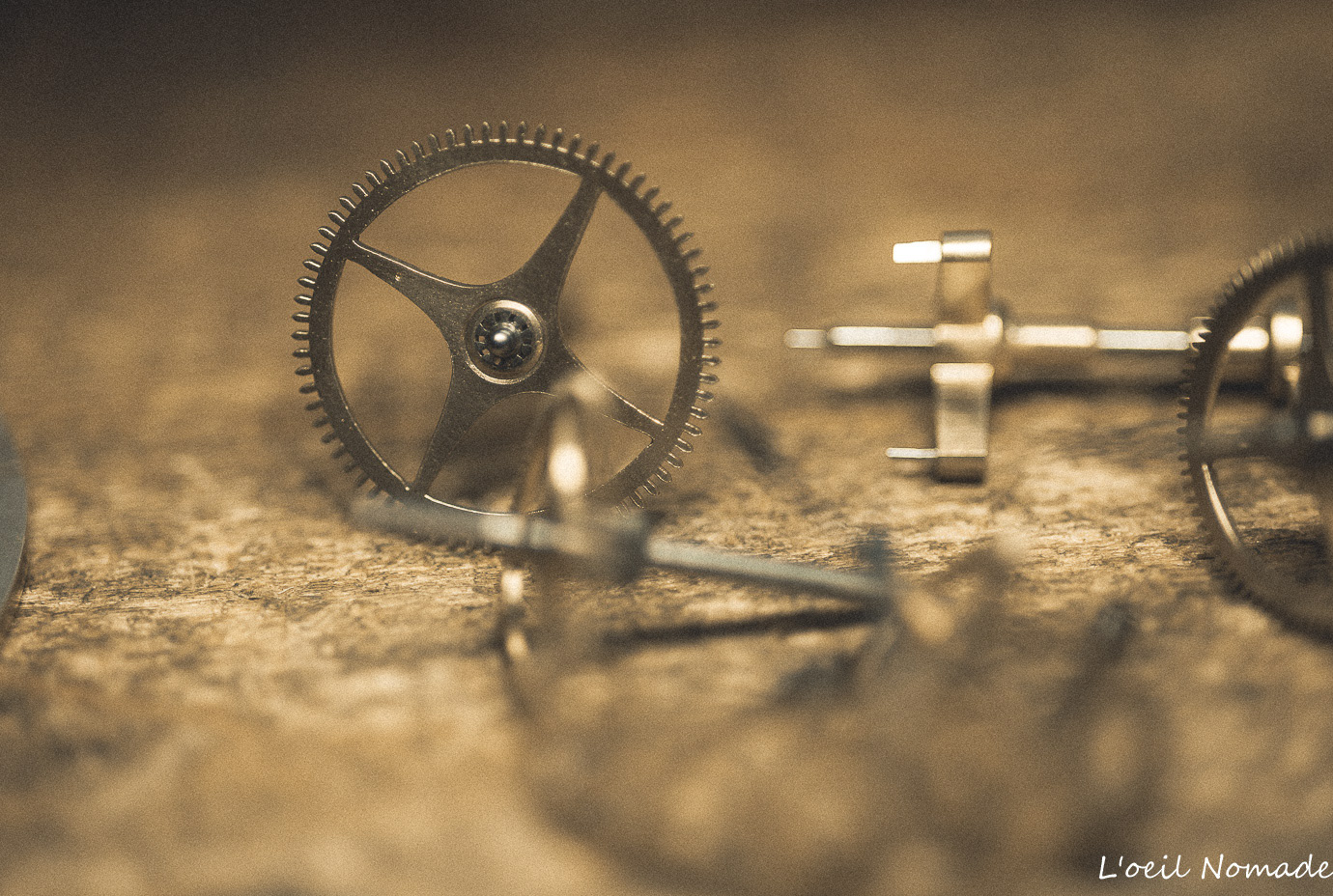 Détail engrenages en laiton horlogerie ancienne, micro-mécanique de précision, photographie artisanat Le Havre.
