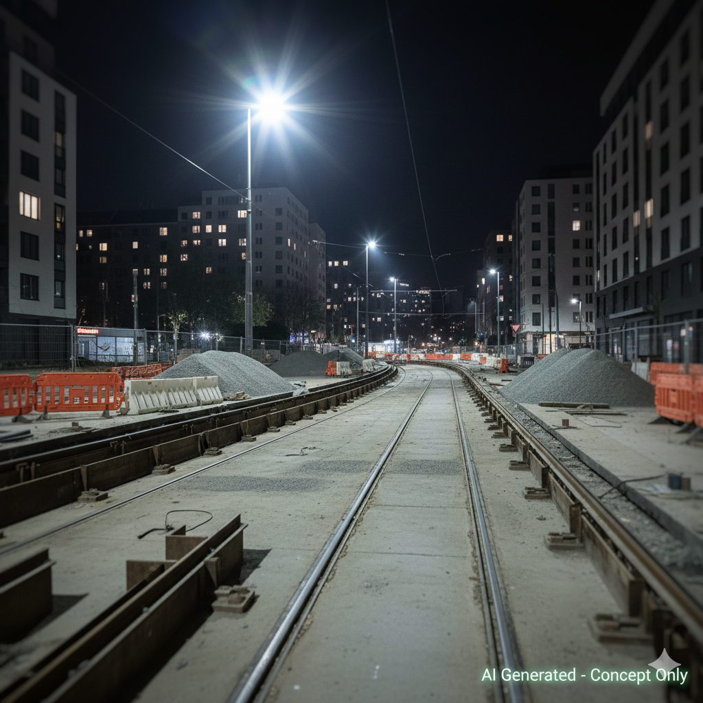 Illustration 3D factice d'un chantier de tramway de nuit, rendu lisse et artificiel sans aucune trace d'usage.