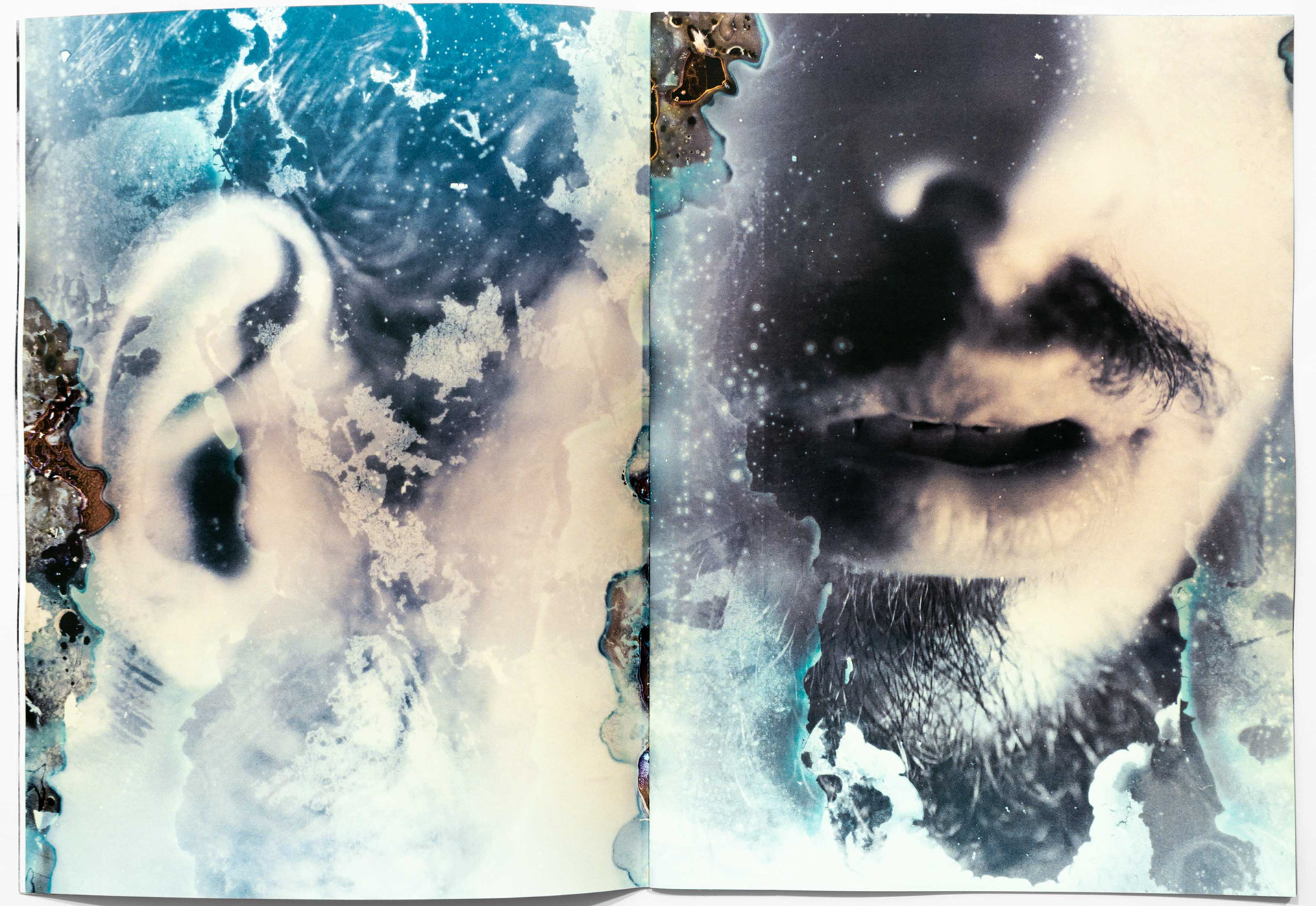 Two photographs from Tobias Ahlbrecht's 'ONE' book showing abstract forms and colorful photo experimentations. including an image of the artist himself.