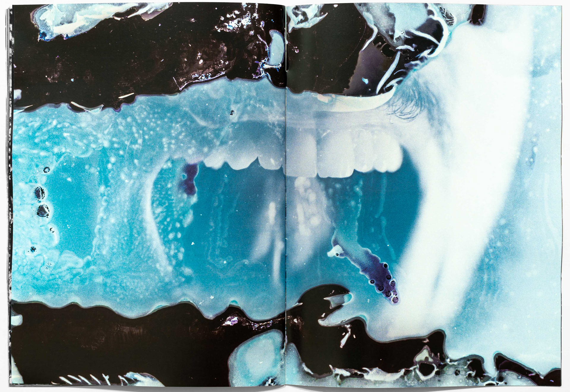 Two photographs from Tobias Ahlbrecht's 'ONE' book showing abstract forms and colorful photo experimentations showing the open mouth of the artist.