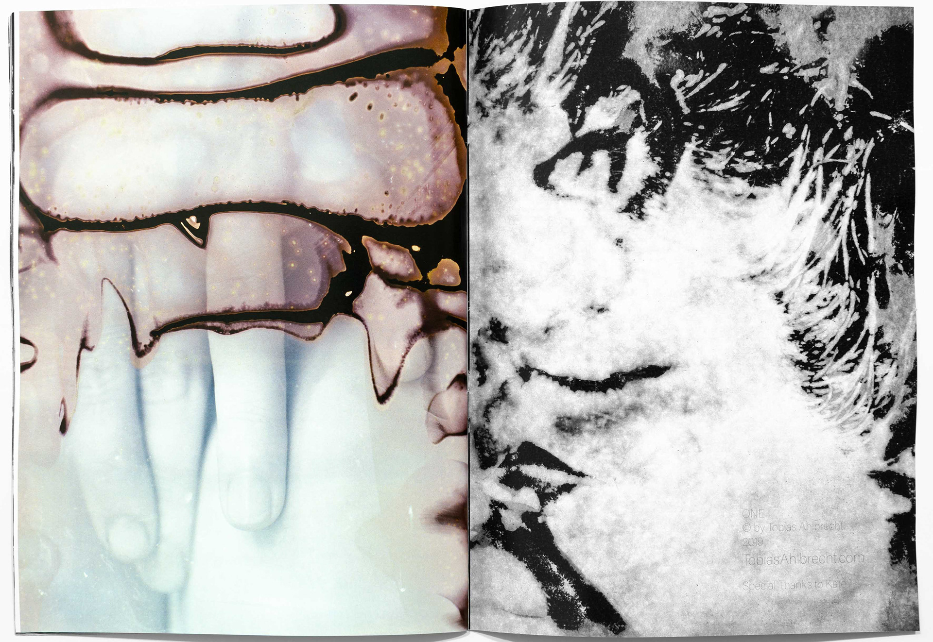 Two photographs from Tobias Ahlbrecht's 'ONE' book showing abstract forms and colorful photo experimentations starring the model Kate Lennartz from different angles.