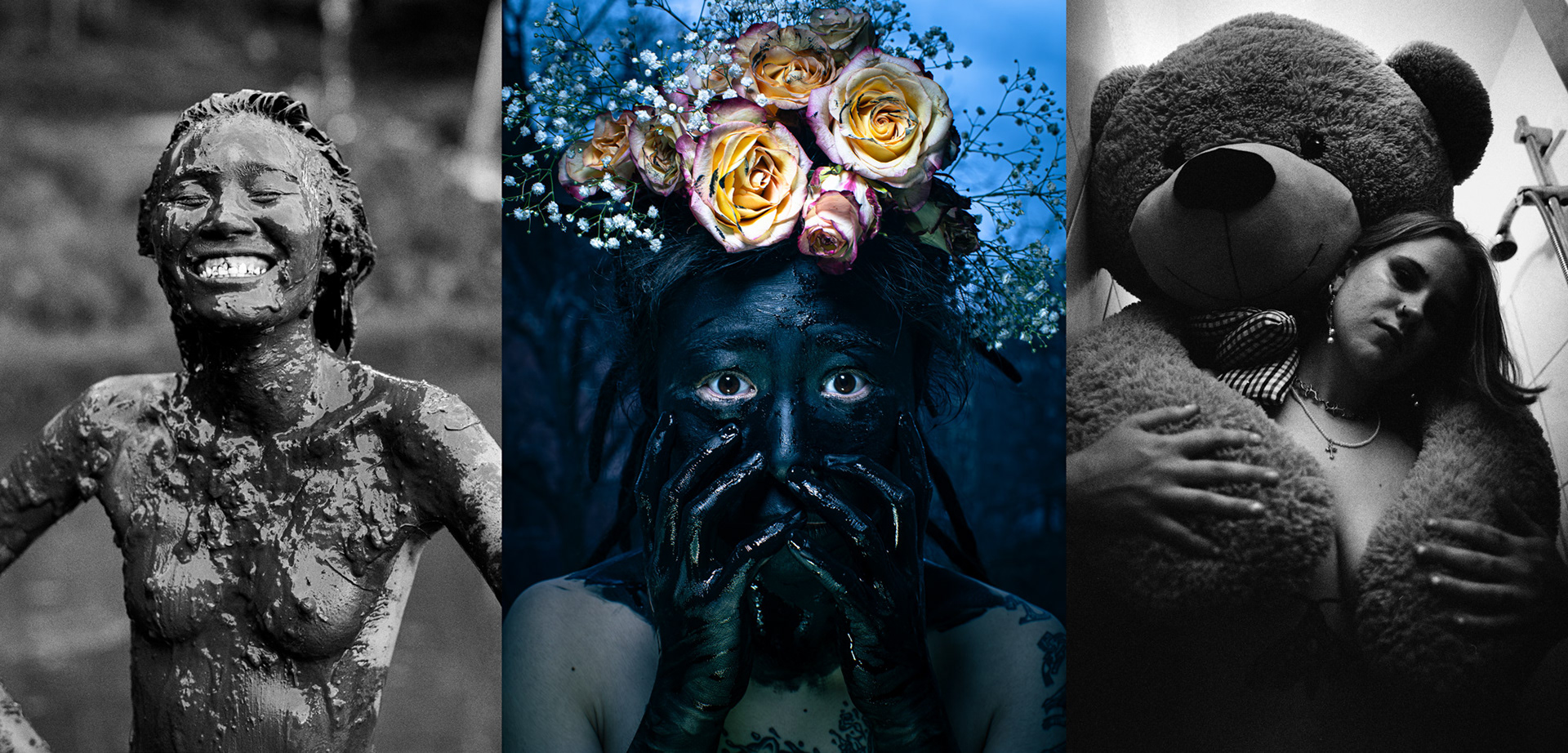 Three portrait Images from Tobias Ahlbrechts PHANTOMS exhibition at the Blau Wal culture center in 2026, showing the Model and Artist  Zarah Nguyen Art.