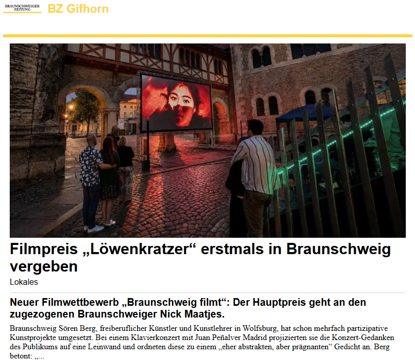 Newspaper article of the Braunschweig Zeitung BZ Gifhorn reporting about Braunschweig Filmt, mentioning Tobias Ahlbrecht as Art Director and Movie and Film Artist.