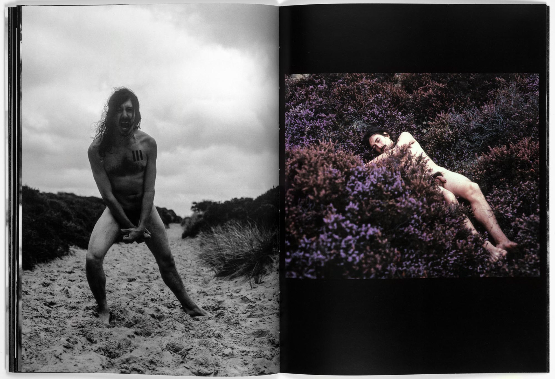 Energetic image of Ezra Evans in black and white next to color photograph of him laying in heather sleeping, taken by Tobias Ahlbrecht for the 'Book of Ezra'.