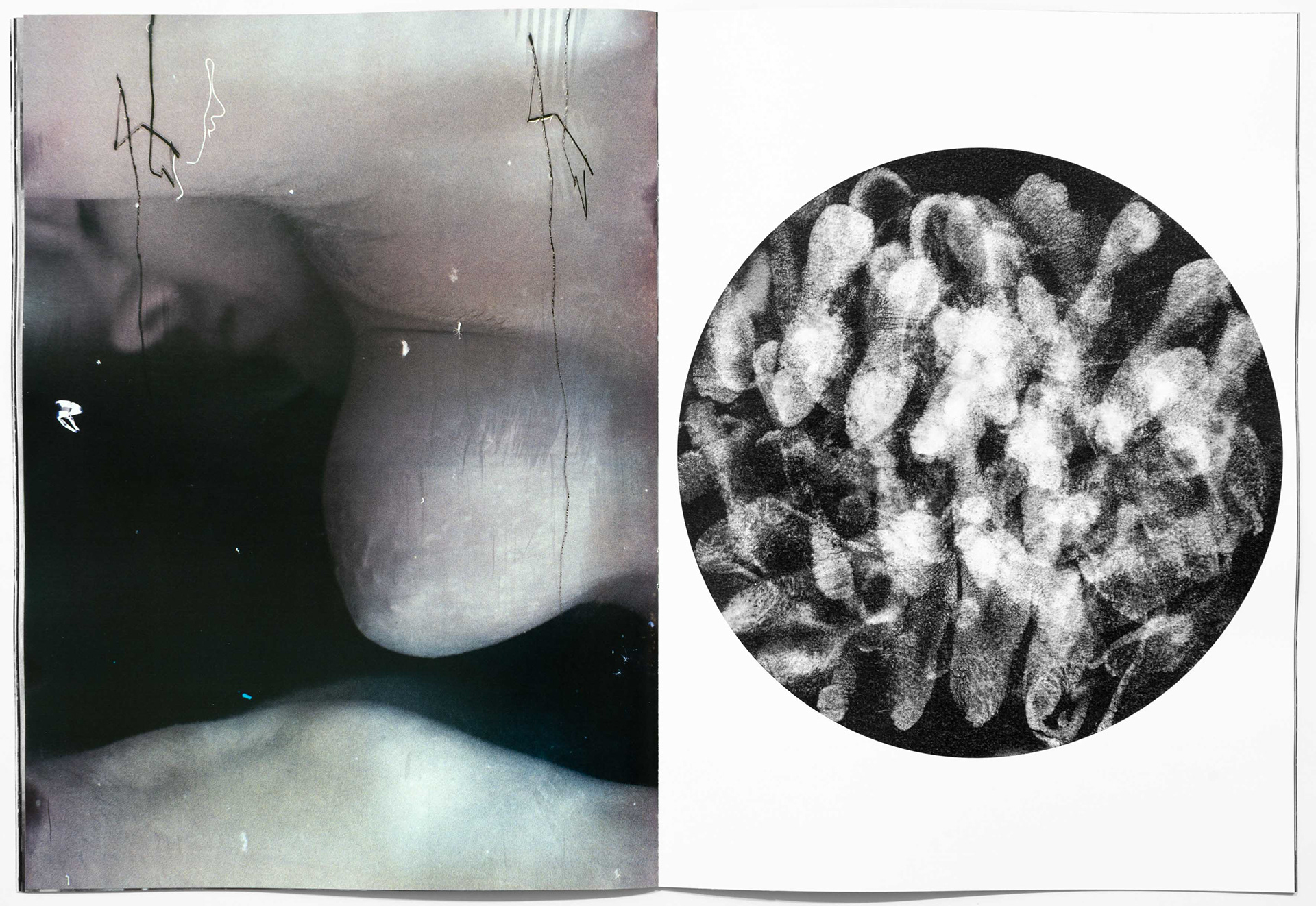 Two photographs from Tobias Ahlbrecht's 'ONE' book showing abstract forms and colorful photo experimentations starring the model Kate Lennartz and Tobias Ahlbrecht.