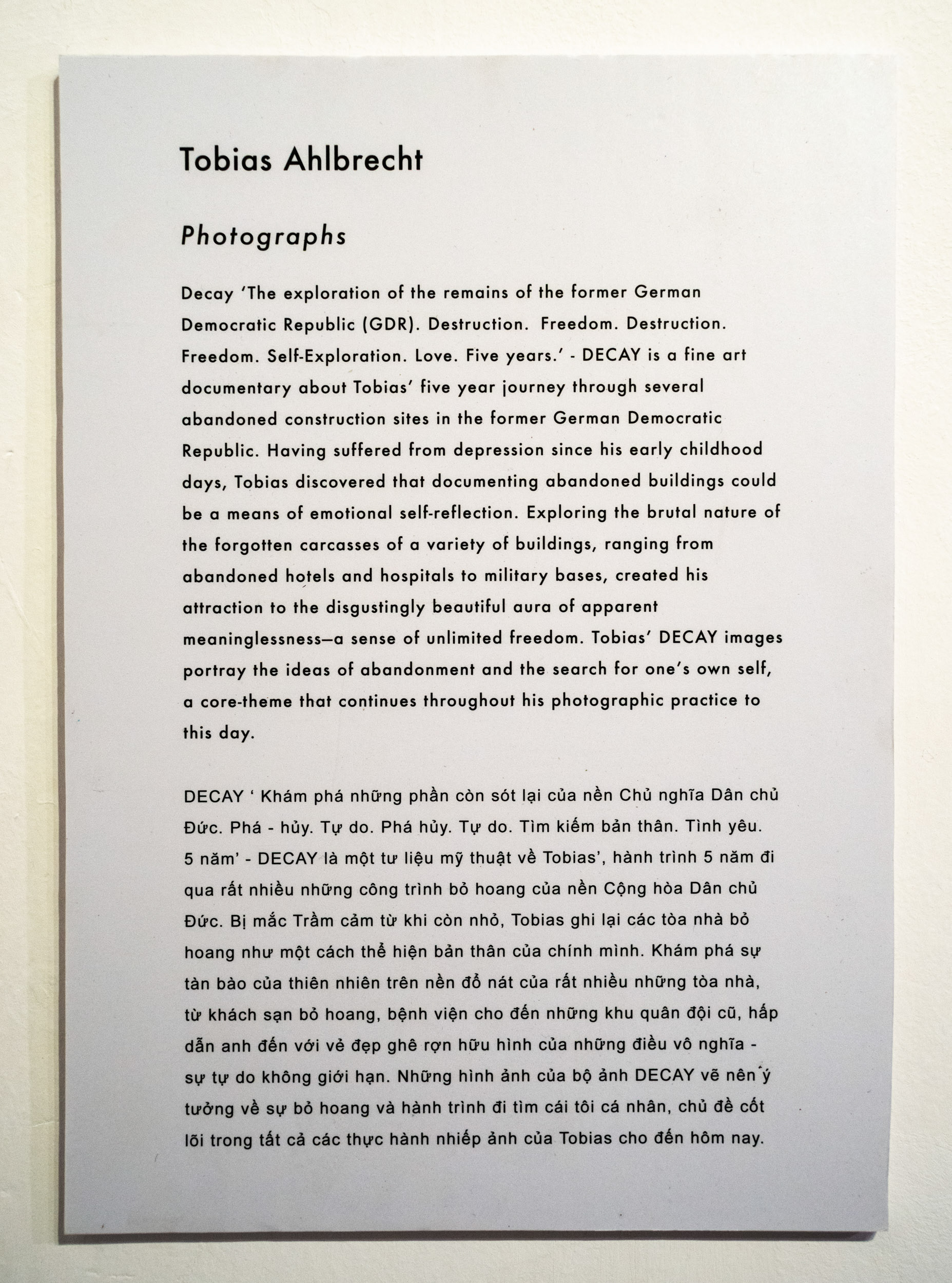 The project description for 'Decay' by the artist Tobias Ahlbrecht explaining his lost place lostplace photography.