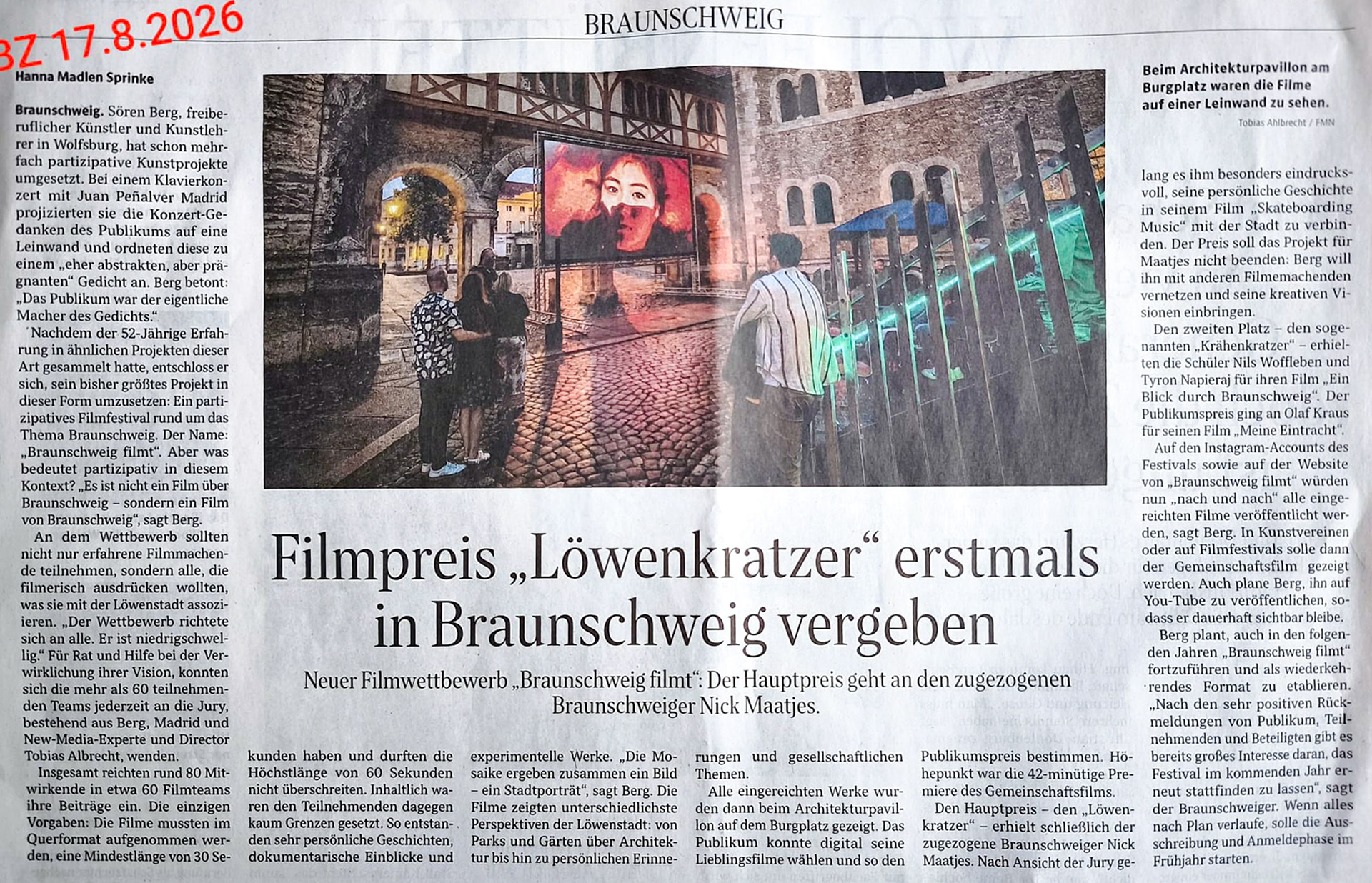 Printed Newspaper article of the Braunschweig Zeitung reporting about Braunschweig Filmt, mentioning Tobias Ahlbrecht as Art Director and Movie and Film Artist.