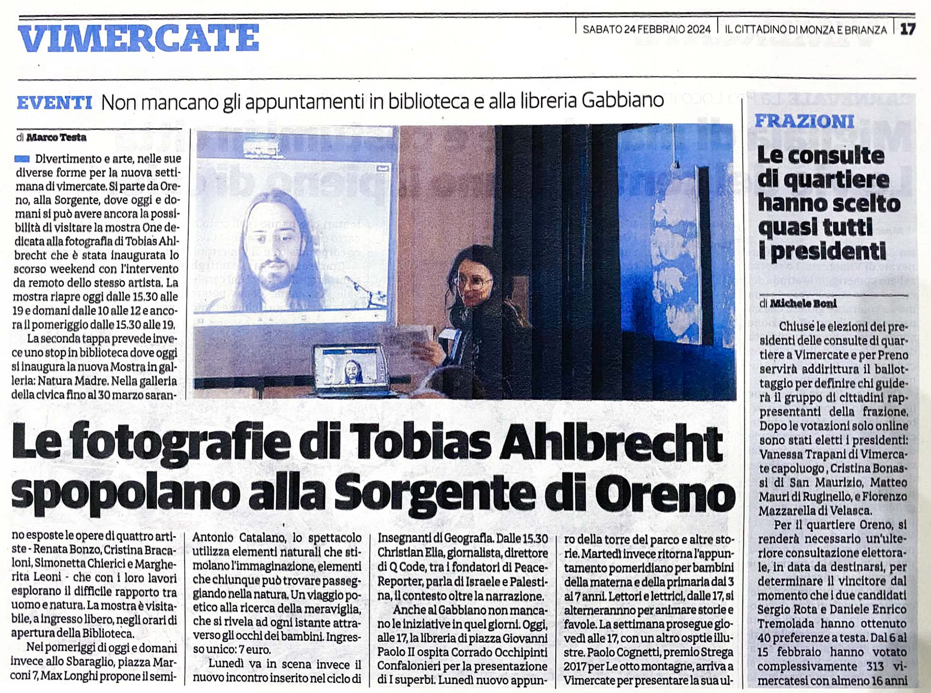 Newspaper article about the exhibition by the photographer Tobias Ahlbrecht at Sorgente Oreno by Tobias Ahlbrecht by the Vimercate newspaper in Italy, showing the curators Linda De Luca and Ester Sofia Ricci.