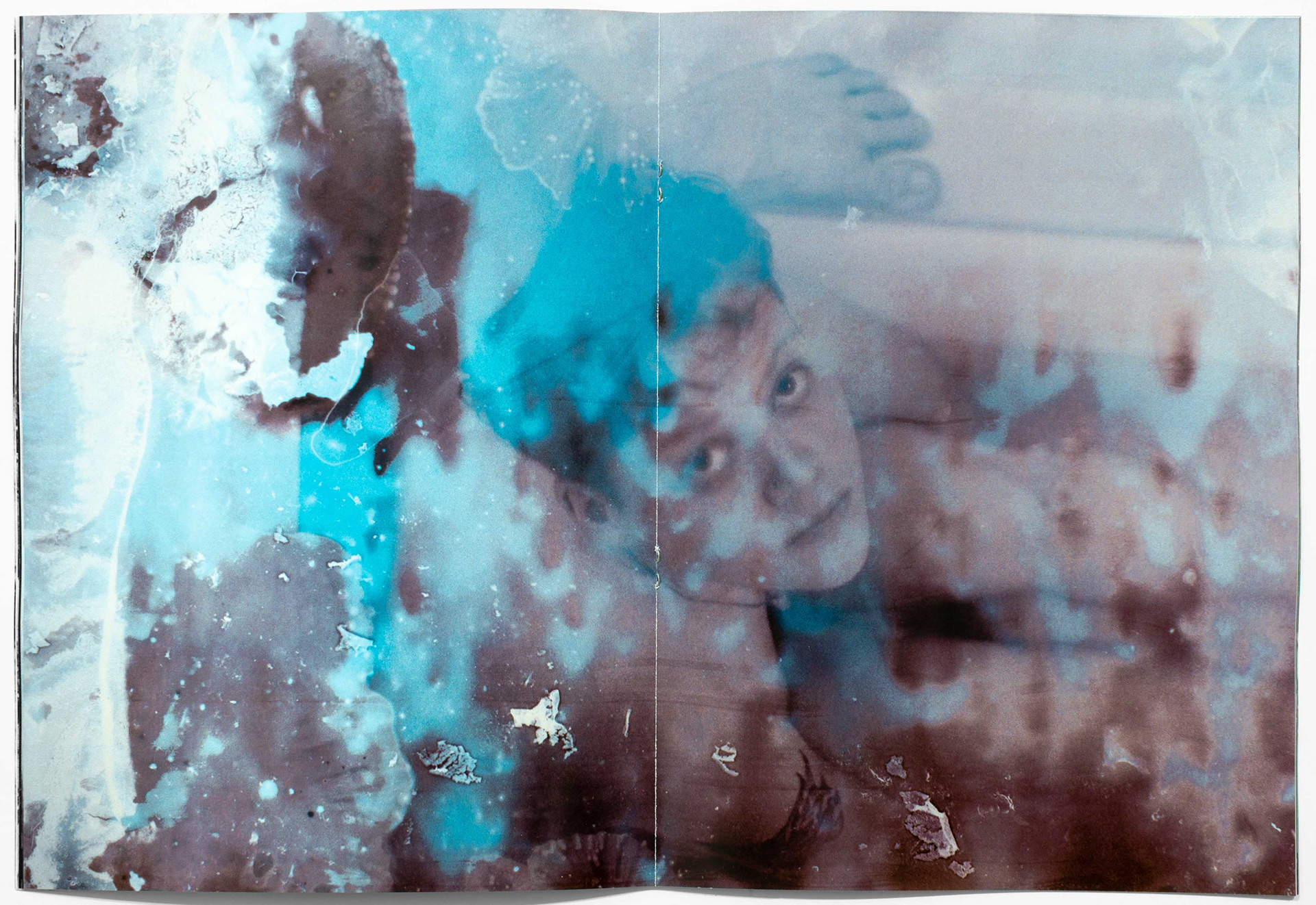 Two photographs from Tobias Ahlbrecht's 'ONE' book showing abstract forms and colorful photo experimentations starring the model Kate Lennartz looking into the camera.