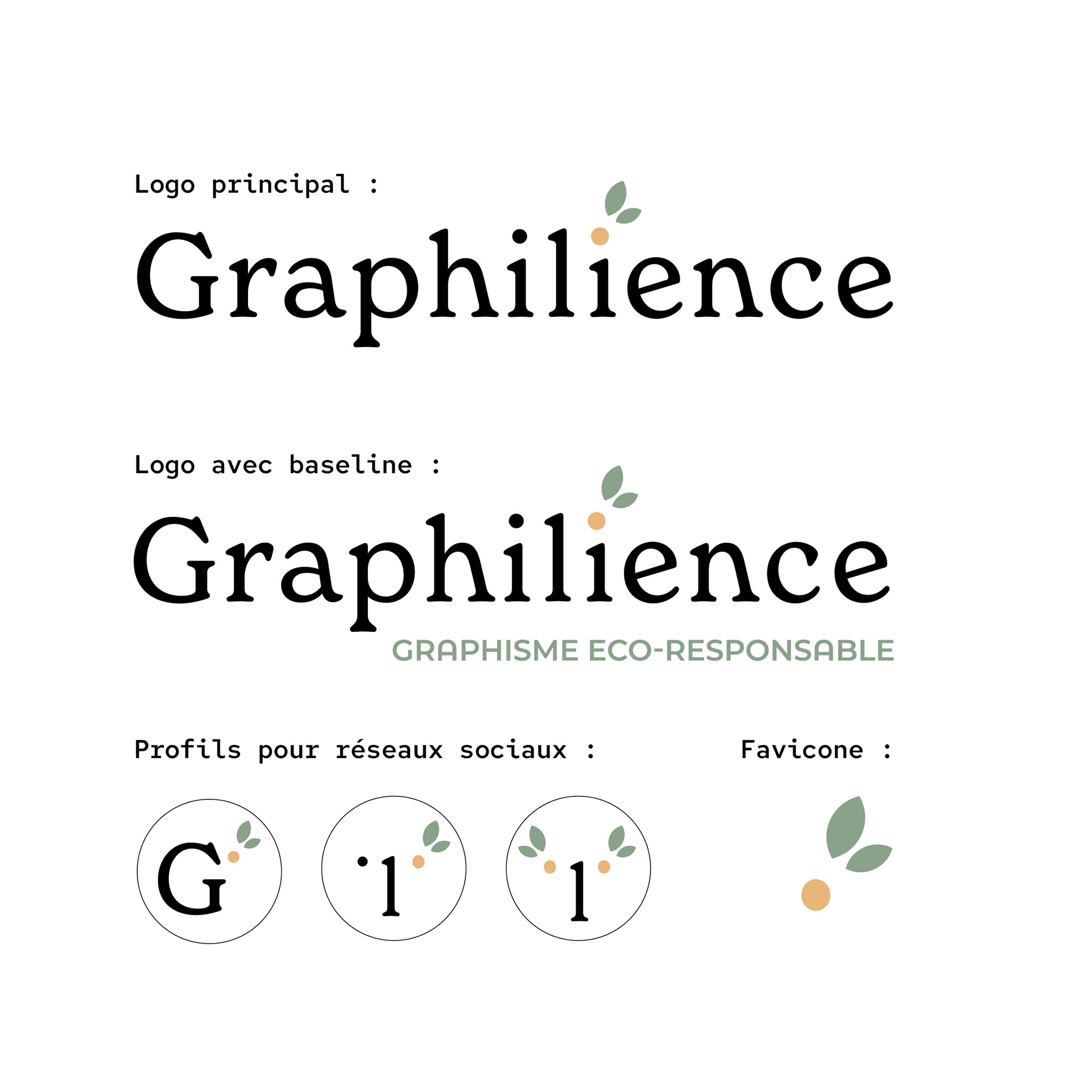 Variations du logo Graphilience : en haut, le logo principal avec le mot 'Graphilience' en lettres noires, accompagné de feuilles stylisées et d'un cercle orange. Au milieu, le logo avec baseline incluant le slogan 'GRAPHISME ECO-RESPONSABLE'. En bas, trois profils pour réseaux sociaux représentant les initiales 'G', '•i', et 'i' avec des feuilles, ainsi qu'une favicon avec une feuille verte et un cercle orange.