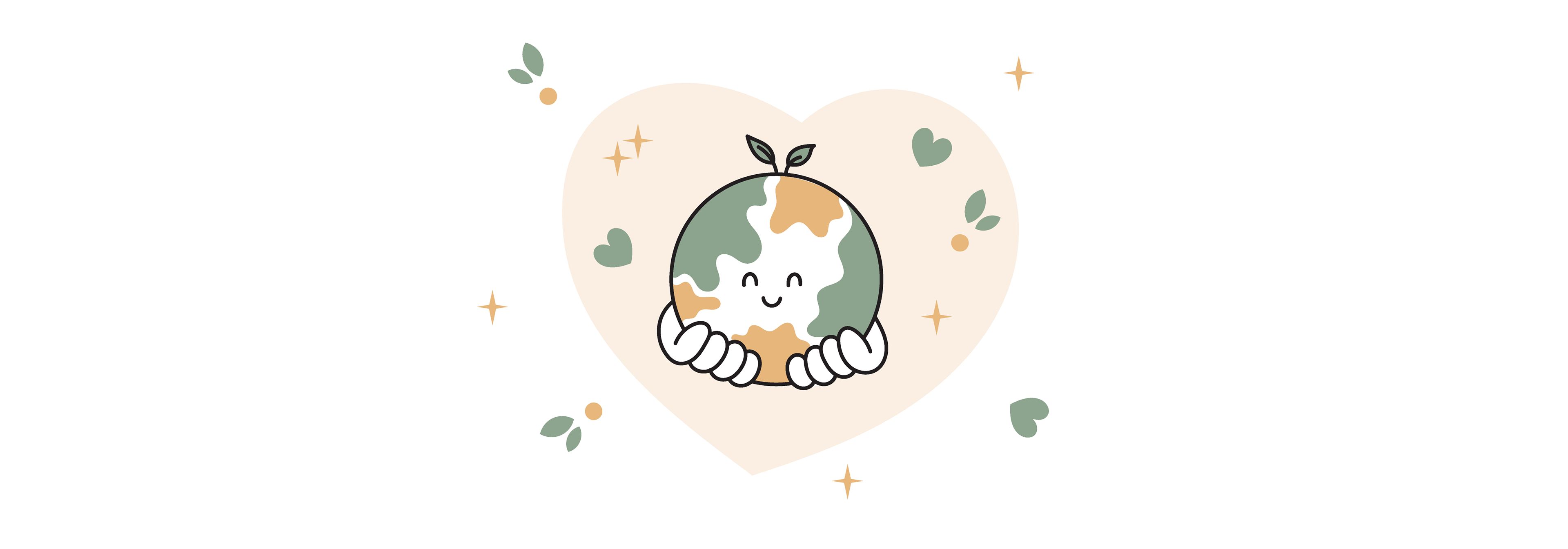 Illustration d'une planète Terre souriante avec des continents colorés en vert et orange, entourée de mains protectrices. La planète a une petite pousse verte sur le dessus. En arrière-plan, un grand cœur beige avec des feuilles vertes et des étoiles scintillantes.