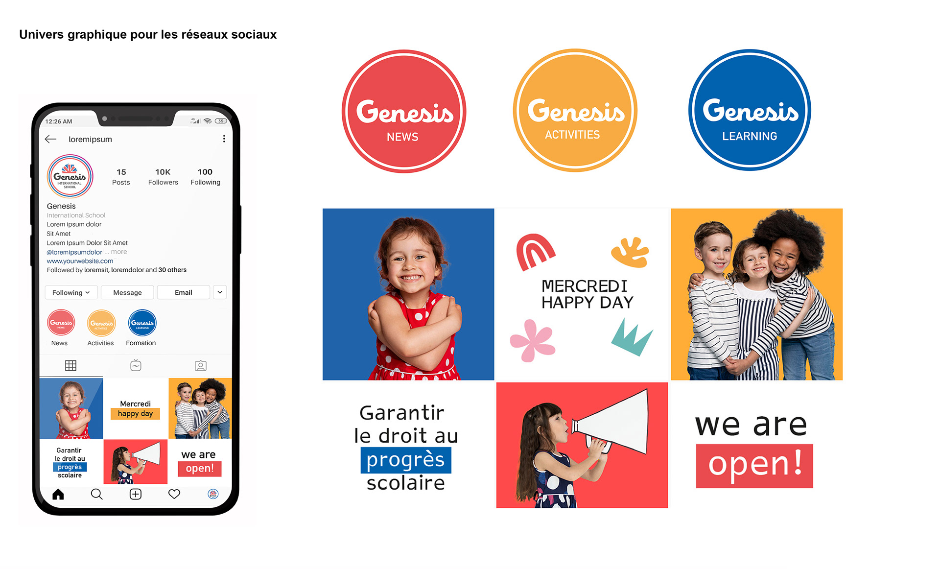 Charte graphique Genesis International School : univers graphique pour les réseaux sociaux