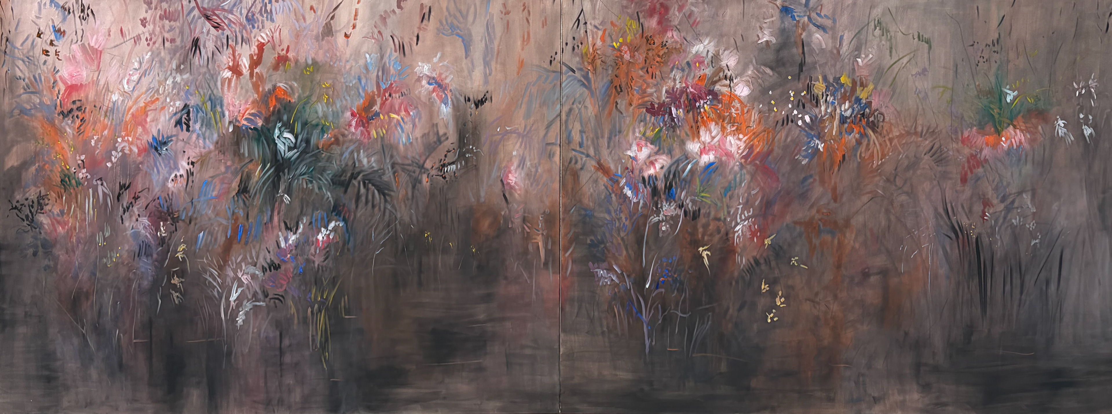 Pedro Diniz Kubitschek.  A correnteza do tempo na margem. 2025. Óleo sobre tela. 150 x  400  x 4  cm (cada 150 x 200 x 4 cm  - díptico).