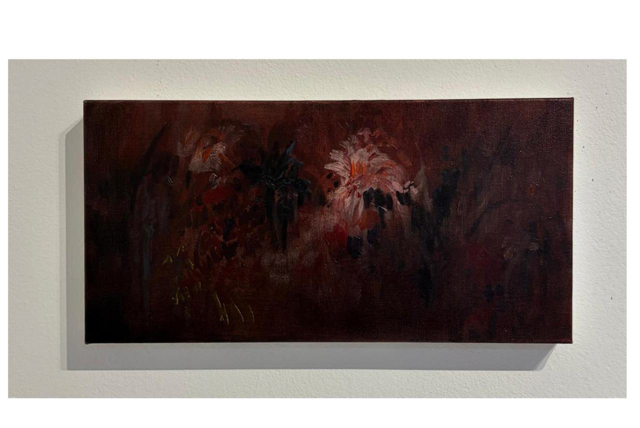 Pedro Diniz Kubitschek - Pétalas do rio. 2025. Óleo sobre painel. 20 x 40 x 4  cm.