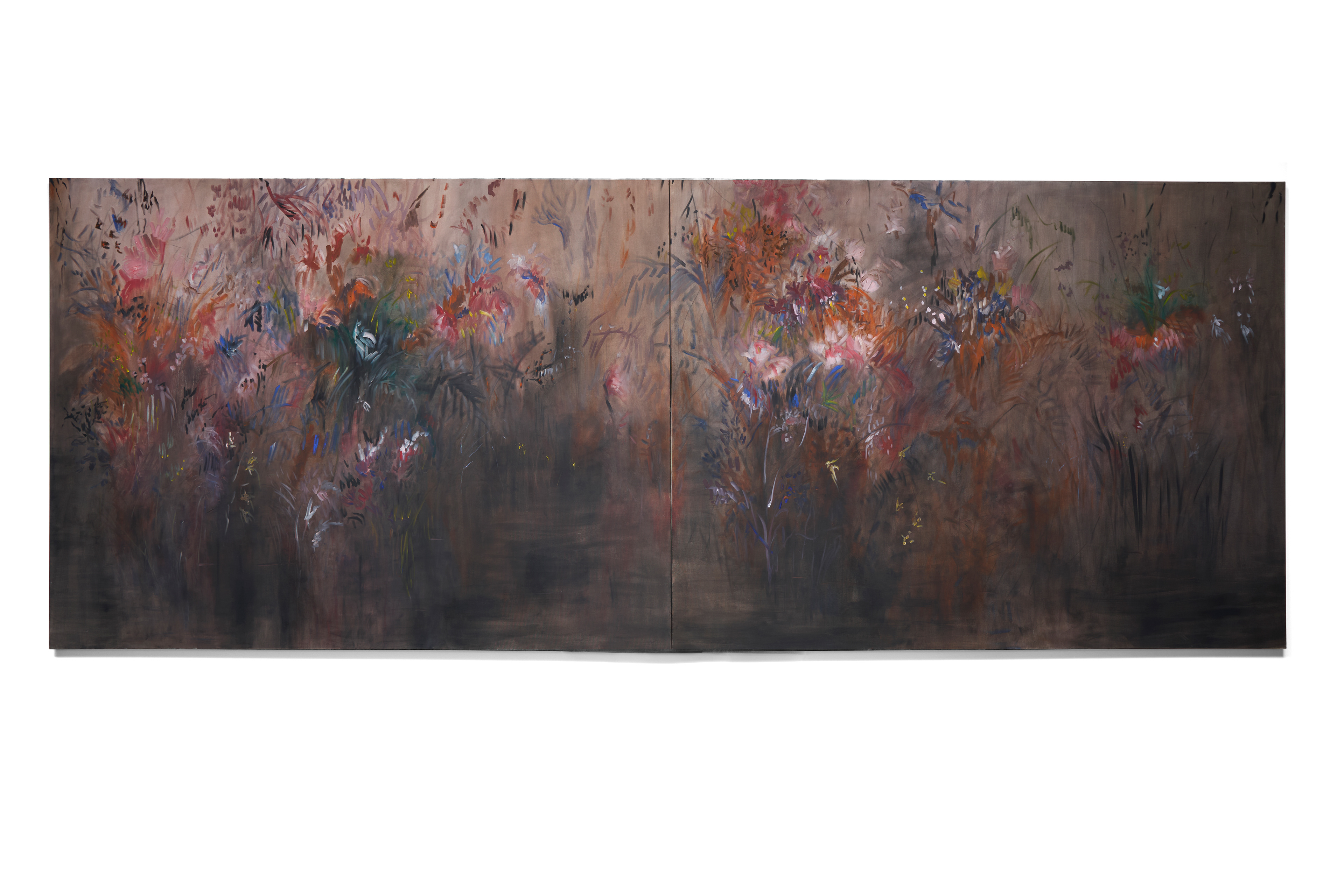 Pedro Diniz Kubitschek.  A correnteza do tempo na margem. 2025. Óleo sobre tela. 150 x  400  x 4  cm (cada 150 x 200 x 4 cm  - díptico).