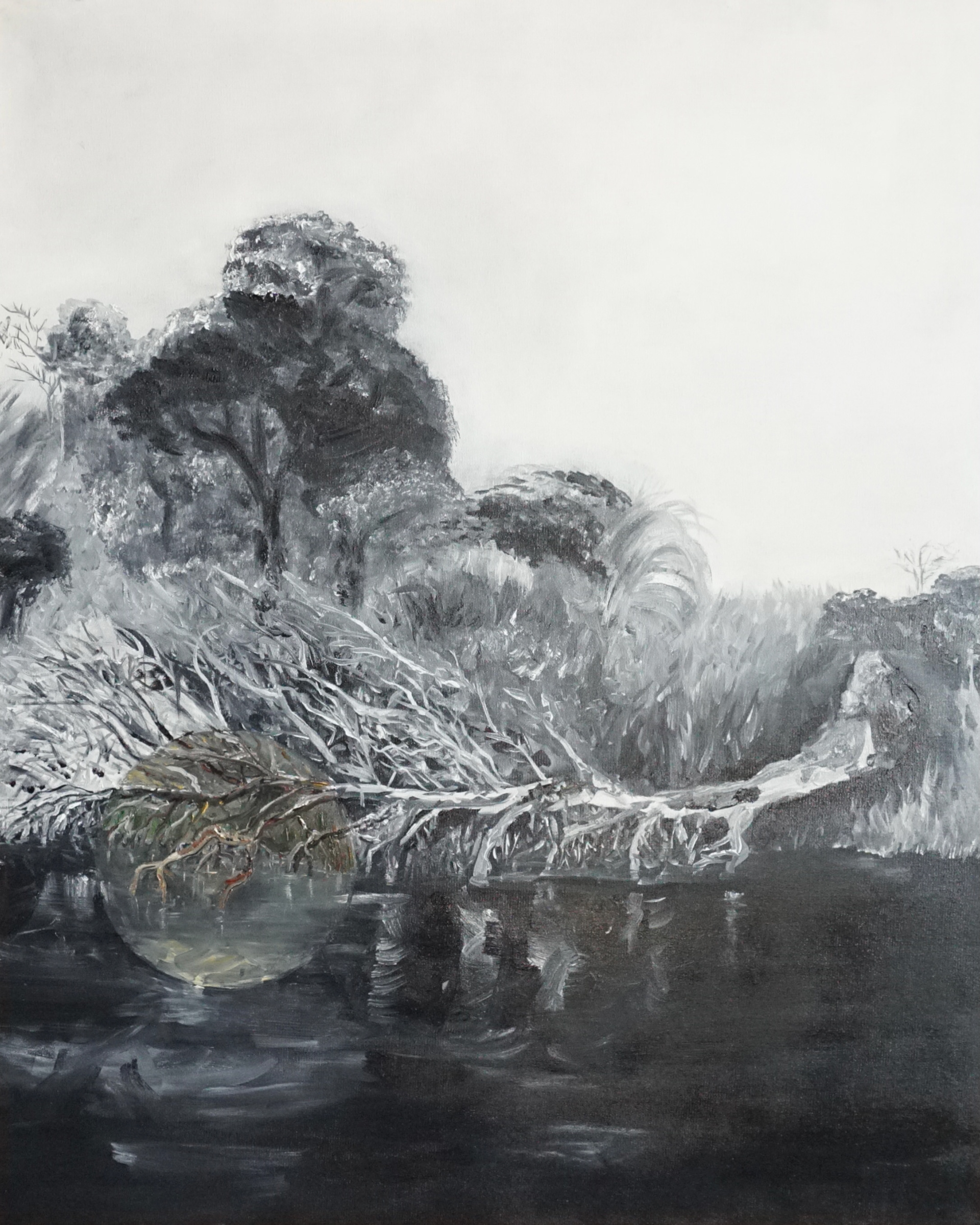 Pedro Diniz Kubitschek - Árvore caída no rio São Francisco [da série In Situ]. 2021. Óleo sobre tela.  100 x 80 cm.