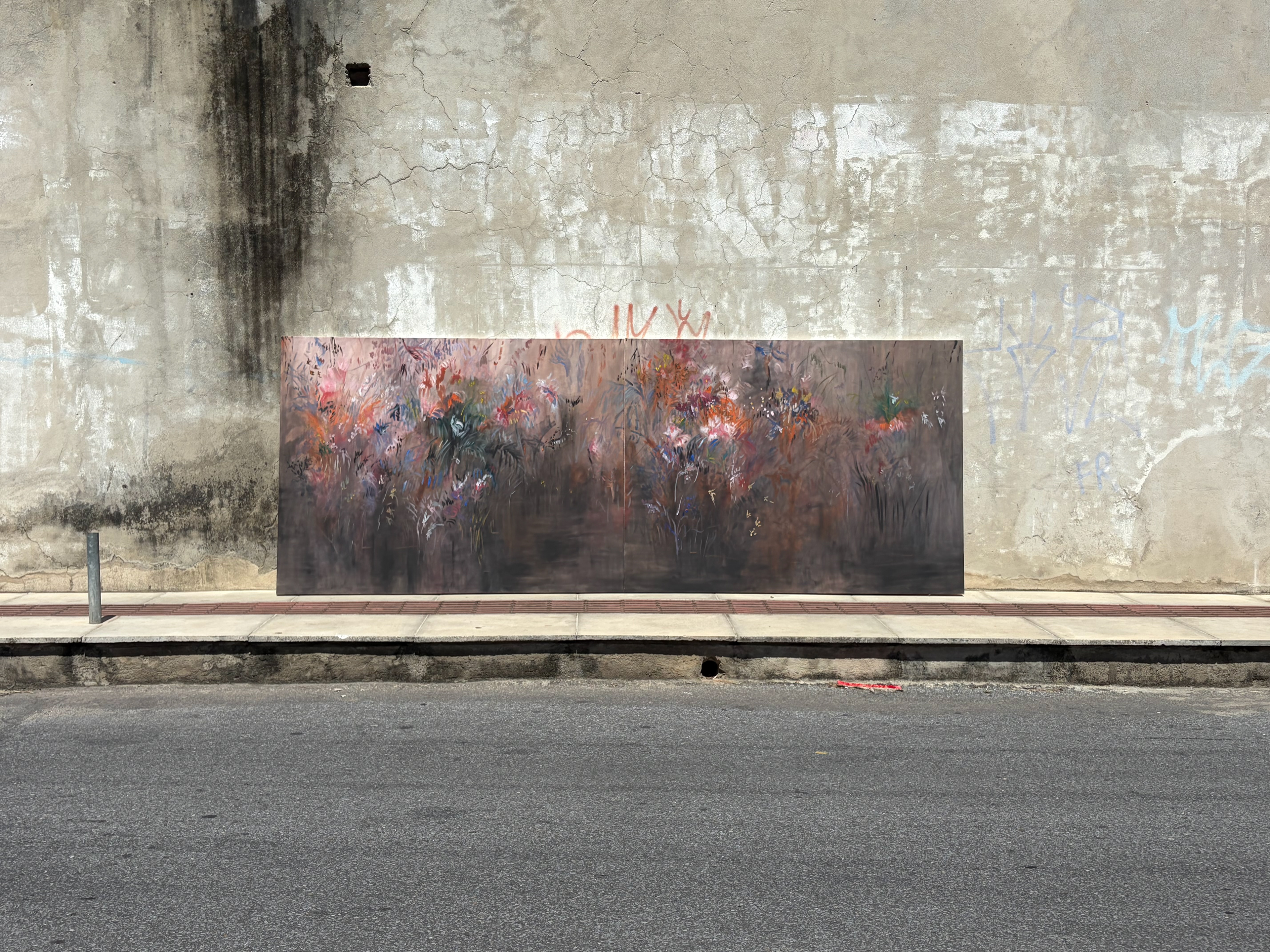 Pedro Diniz Kubitschek.  A correnteza do tempo na margem. 2025. Óleo sobre tela. 150 x  400  x 4  cm (cada 150 x 200 x 4 cm  - díptico).