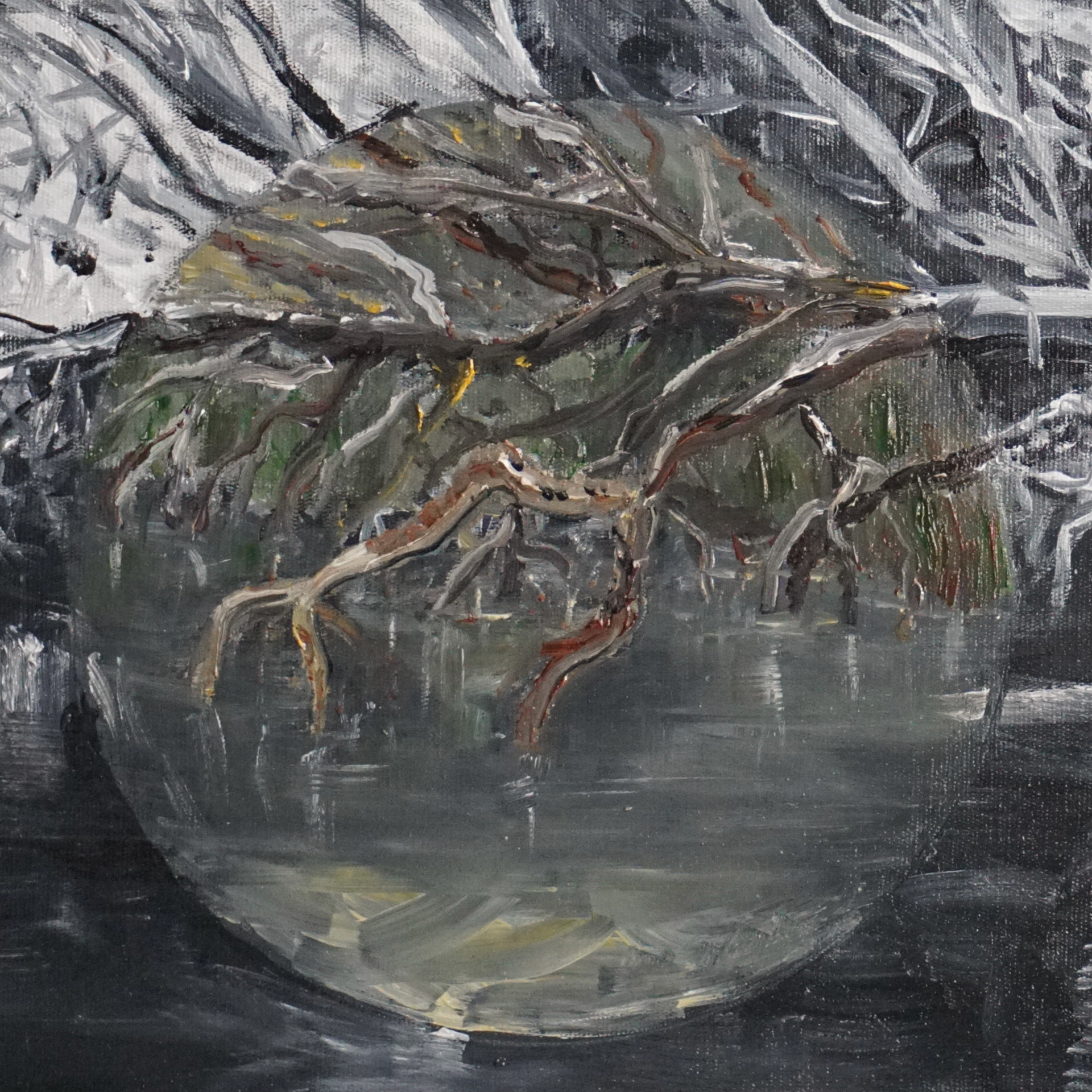 Pedro Diniz Kubitschek - Árvore caída no rio São Francisco [da série In Situ]. 2021. Óleo sobre tela.  100 x 80 cm.