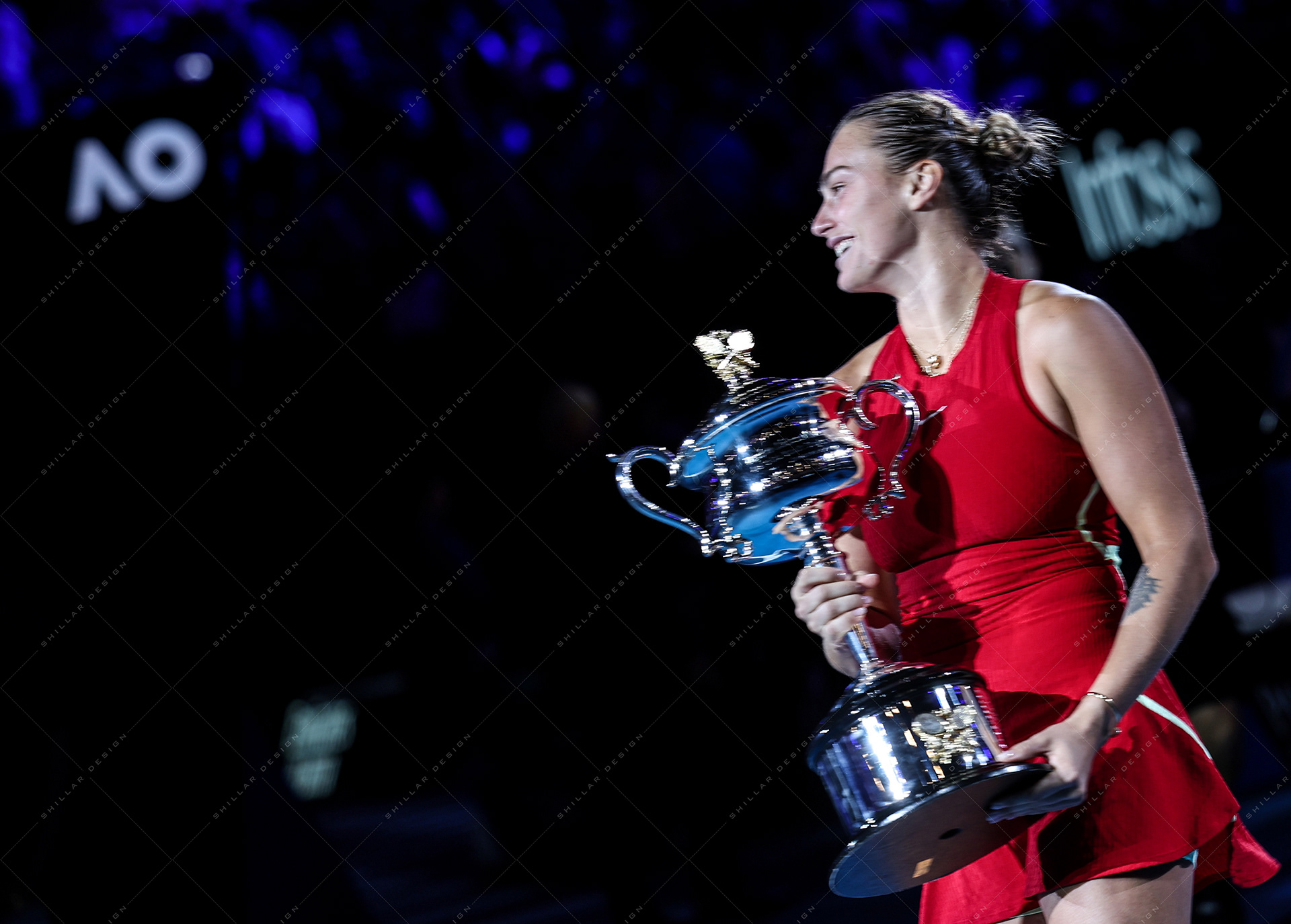 Aryna Sabalenka of Belarus, awarding ceremony, Jan. 27, 2024
