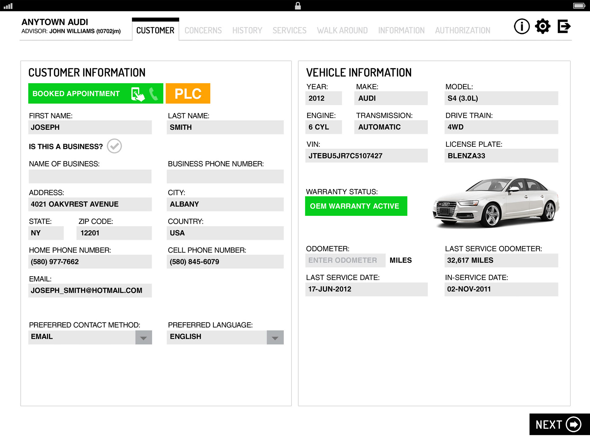 customer and vehicle information