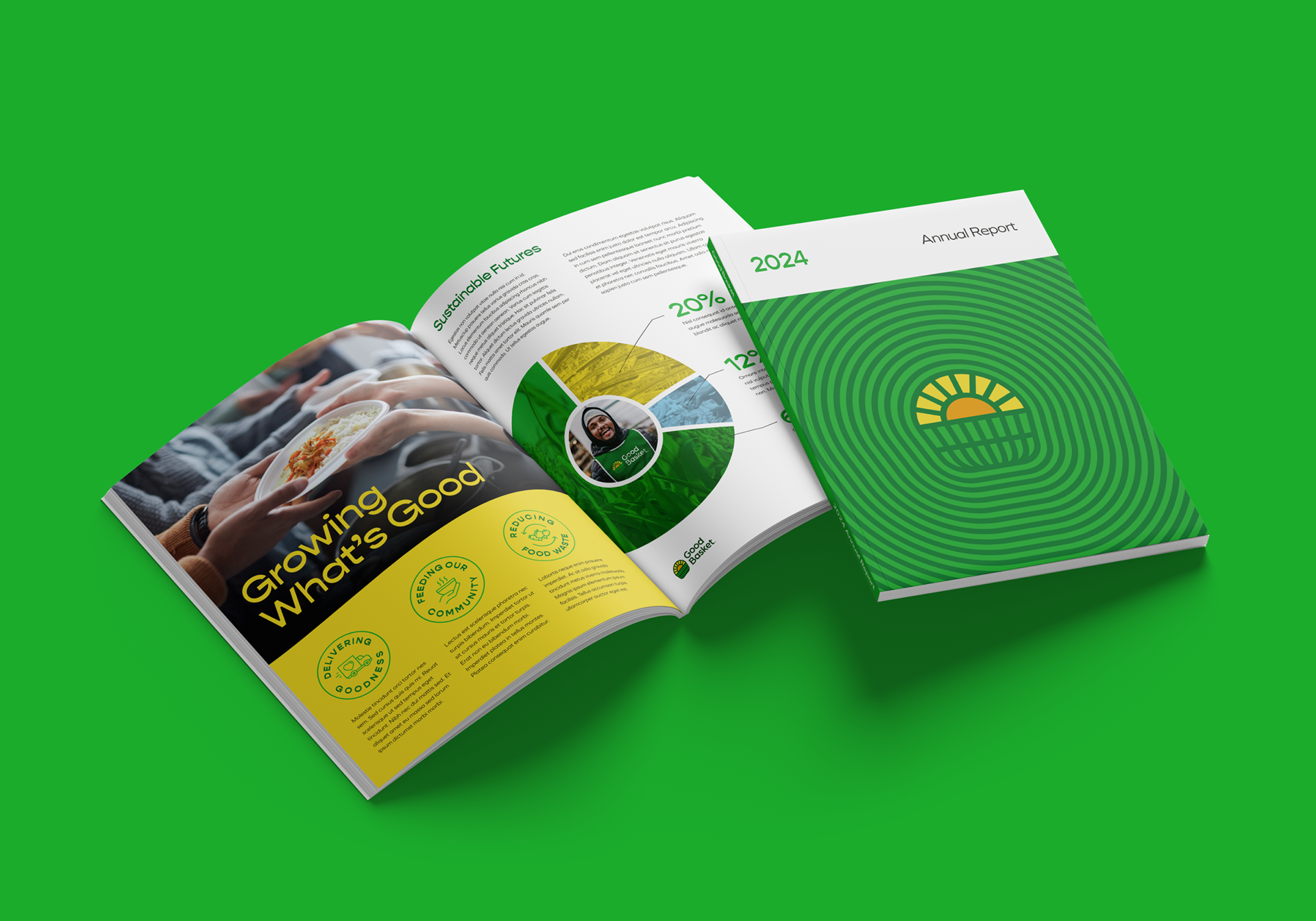 Annual report and print design and visual brand identity for Good Basket nonprofit NGO by Chris Atkins Design