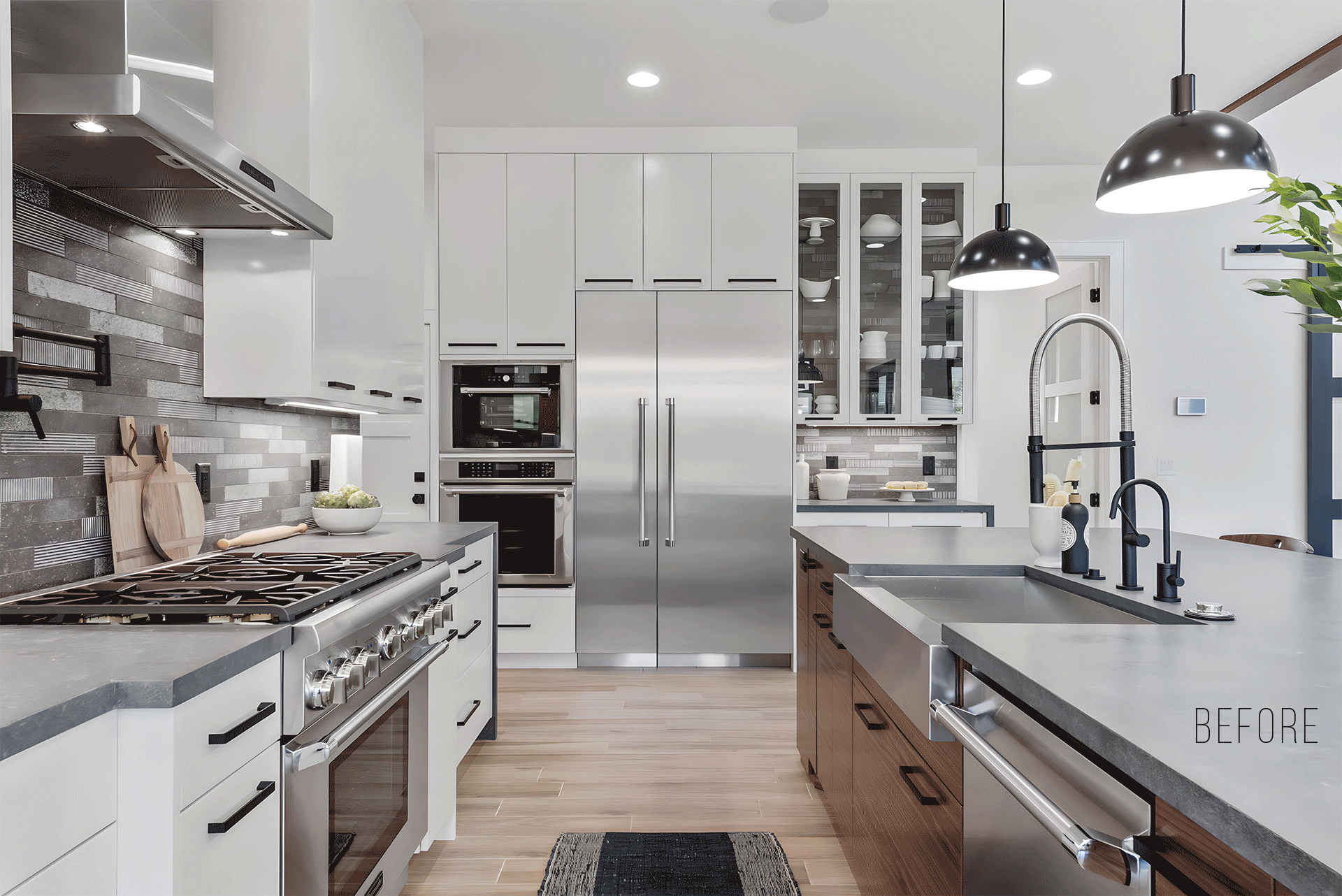 Images showcasing the kitchen vignette before and after the photo retouching process.