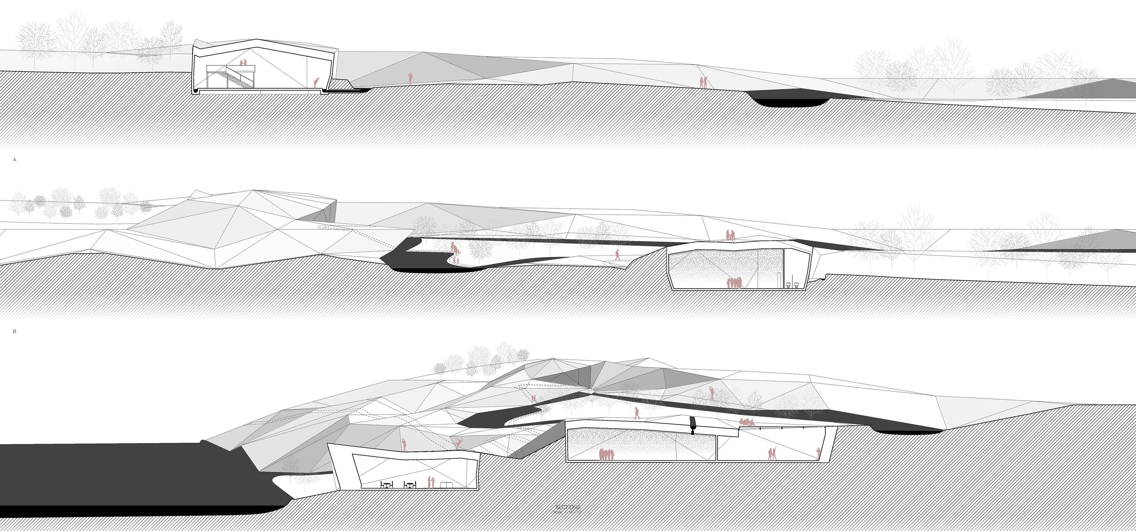 (a) cross section, (b) longitudinal section, (c) diagonal cross section